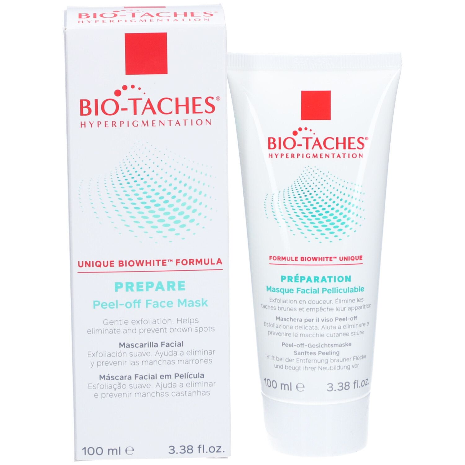 Emballage du produit avec tube et boîte. Inscription: BIO-TACHES HYPERPIGMENTATION. Texte: Peel-off Face Mask. 100 ml.