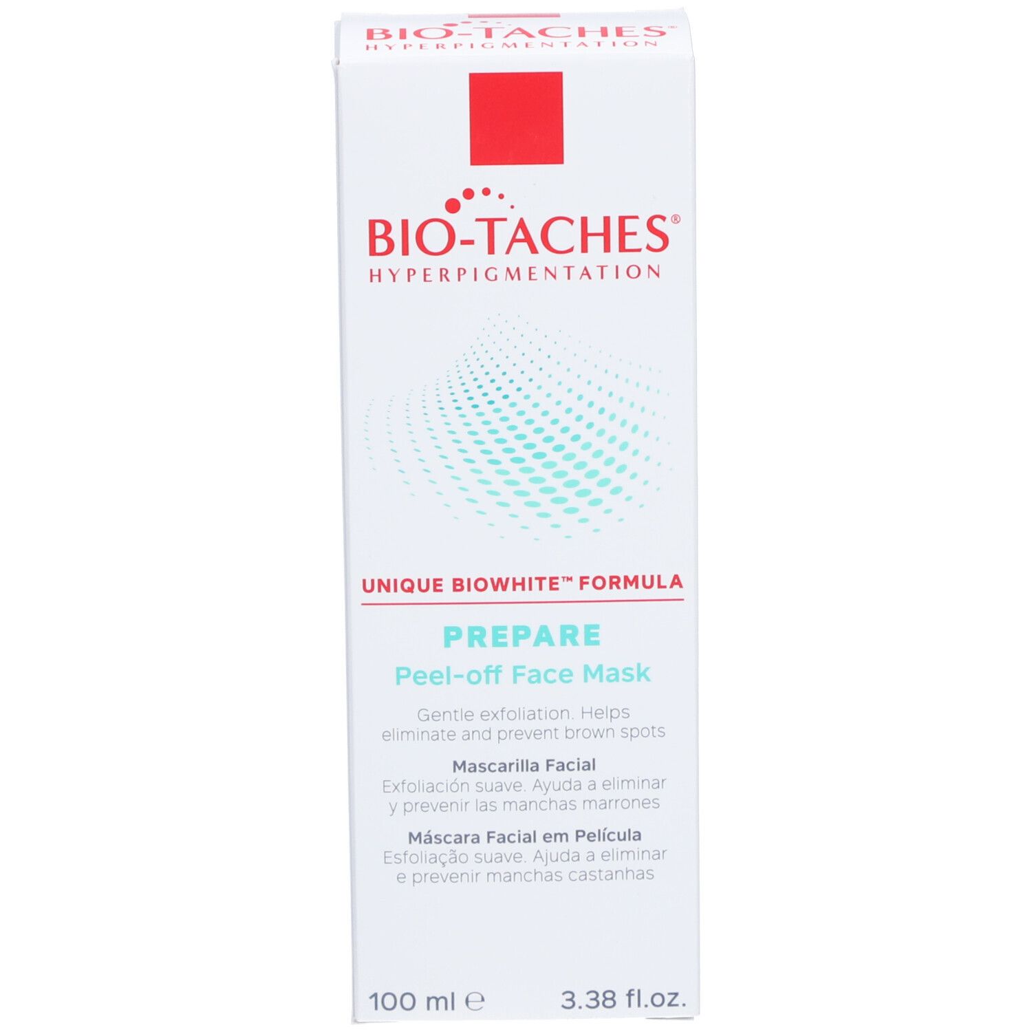 Boîte blanche avec bande rouge. Inscription: BIO-TACHES HYPERPIGMENTATION. Texte: Peel-off Face Mask. 100 ml.