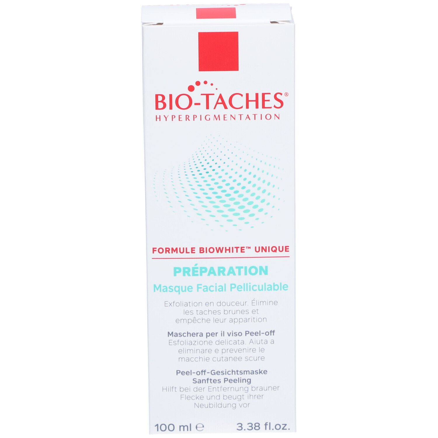 Boîte blanche avec bande rouge. Inscription: BIO-TACHES HYPERPIGMENTATION. Texte: Masque Facial Pelliculable. 100 ml.