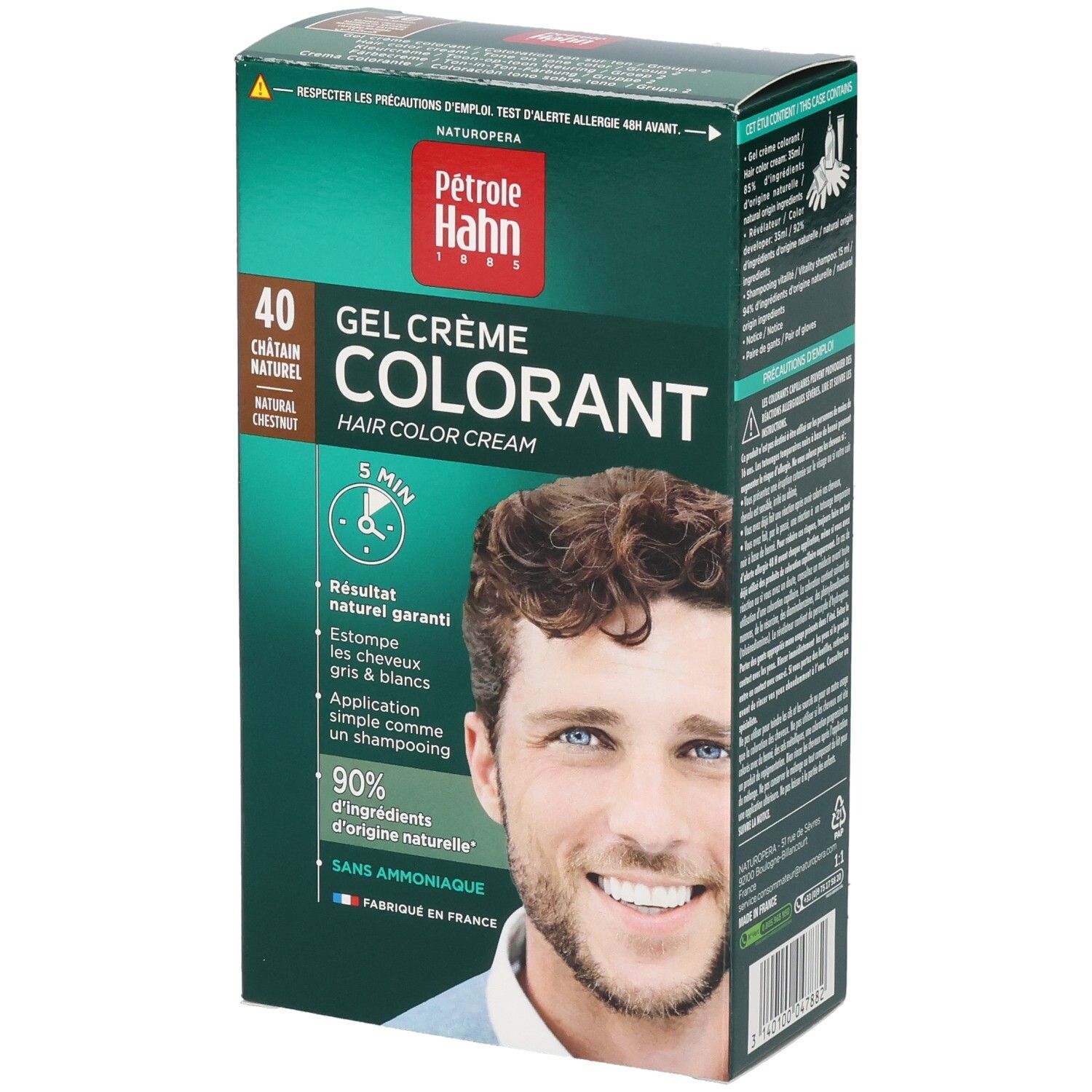 Pétrole Hahn Haarfärbung: Gel-Creme-Kit, Farbton 40 Kastanienbraun. Rückseite mit Anwendungsinformationen.