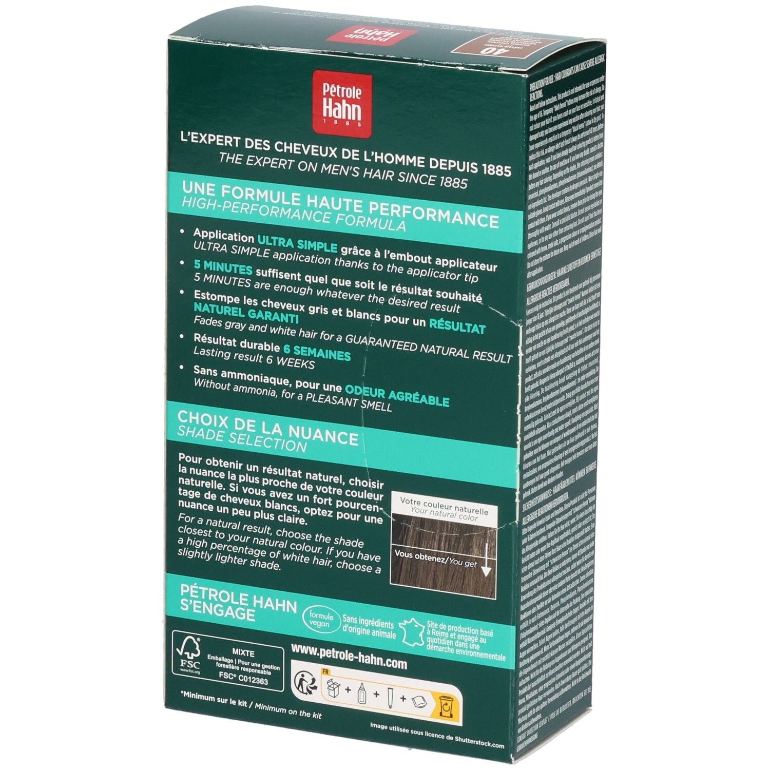 Pétrole Hahn Haarfärbung: Gel-Creme-Kit, Farbton 40 Kastanienbraun. Rückseite mit Produktvorteilen und Farbtonauswahl.