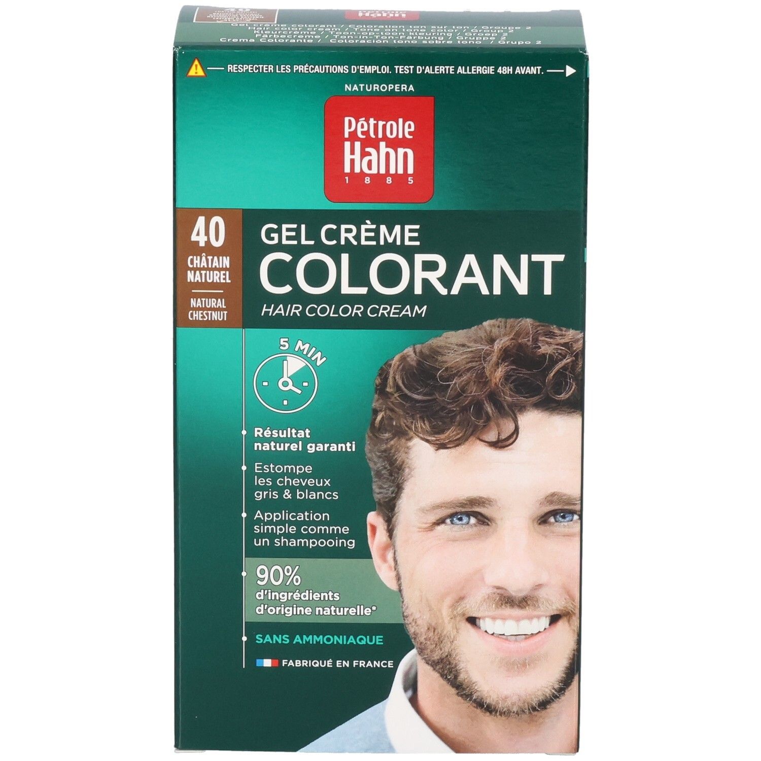 Pétrole Hahn Haarfärbung: Gel-Creme-Kit, Farbton 40 Kastanienbraun. Vorderseite mit Produktbild und Details.