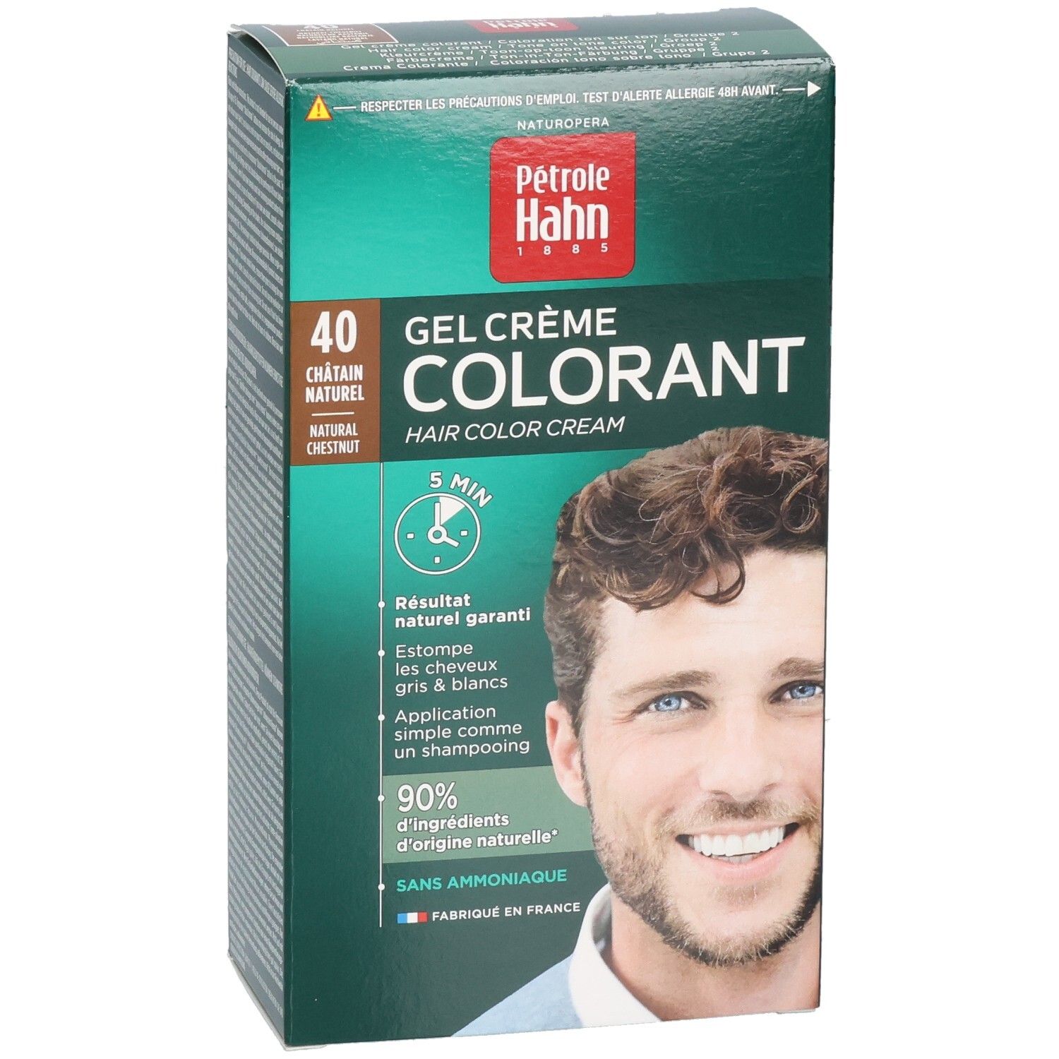 Pétrole Hahn Haarfärbung: Gel-Creme-Kit, Farbton 40 Kastanienbraun. Vorderseite mit Produktbild und Details.