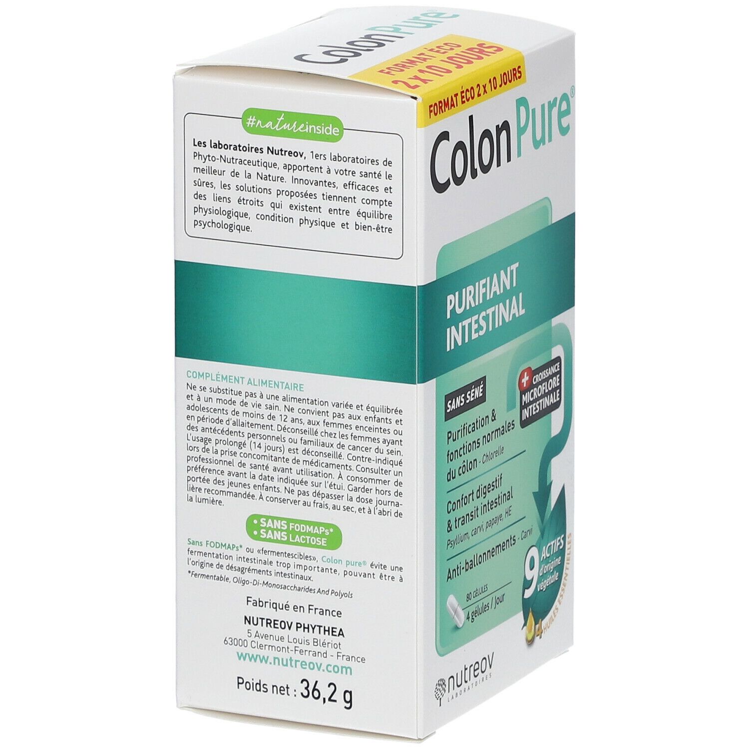 Verpackung von Nutreov Colon Pure®. Aufschrift: Purifiant Intestinal. Enthält 36,2 g. Hergestellt in Frankreich.