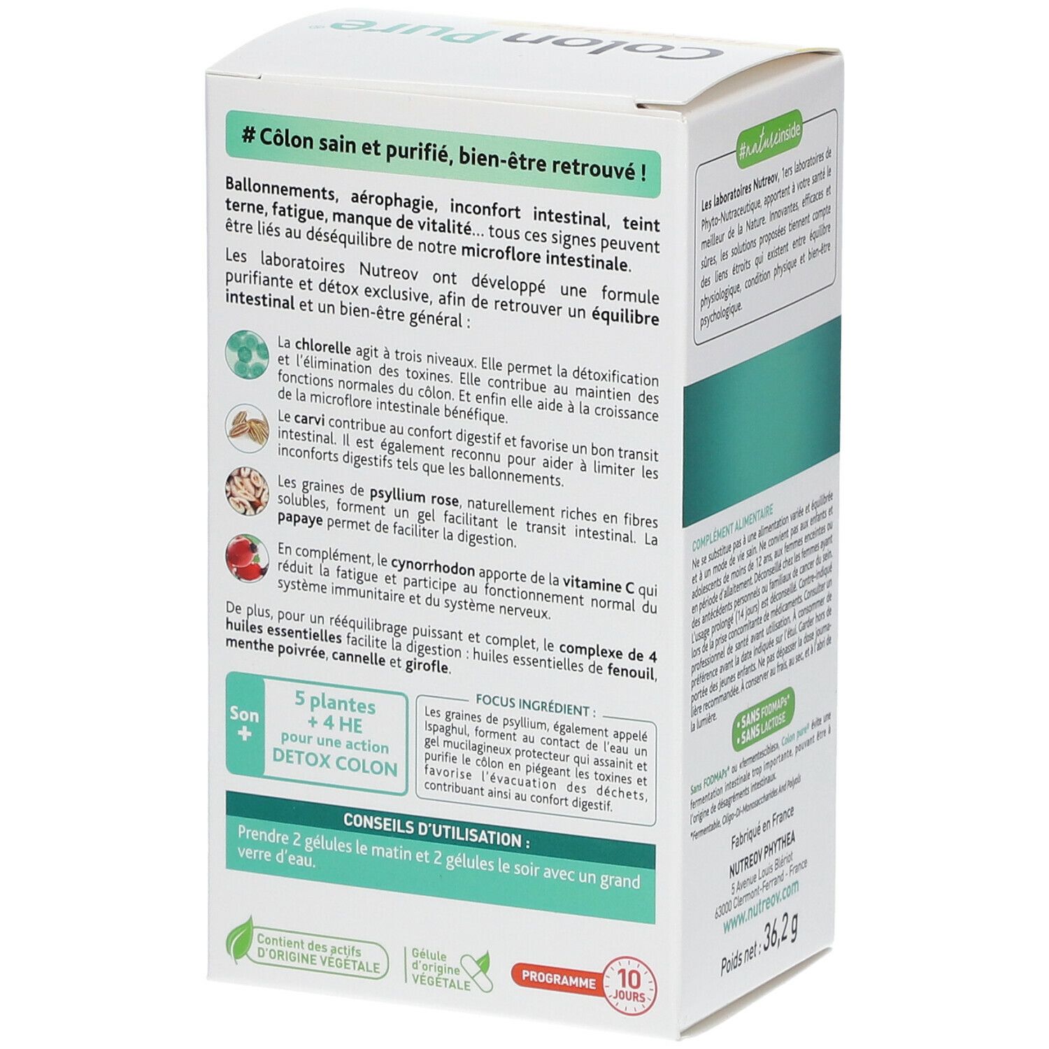 Rückseite der Nutreov Colon Pure®-Verpackung. Text über die Inhaltsstoffe und Anwendung. Enthält 10 Tagesrationen.