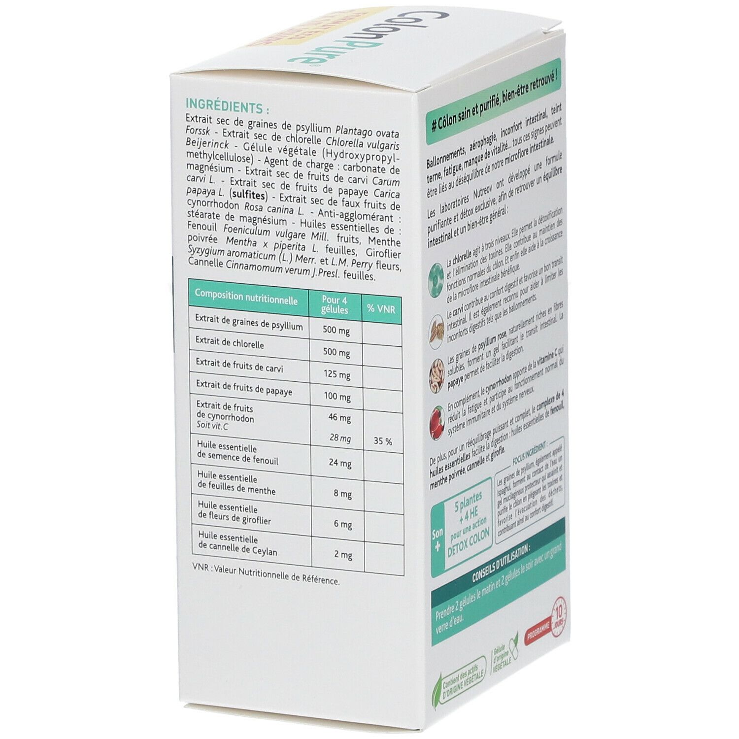 Rückseite der Nutreov Colon Pure®-Verpackung. Auflistung der Inhaltsstoffe und Nährwertangaben.