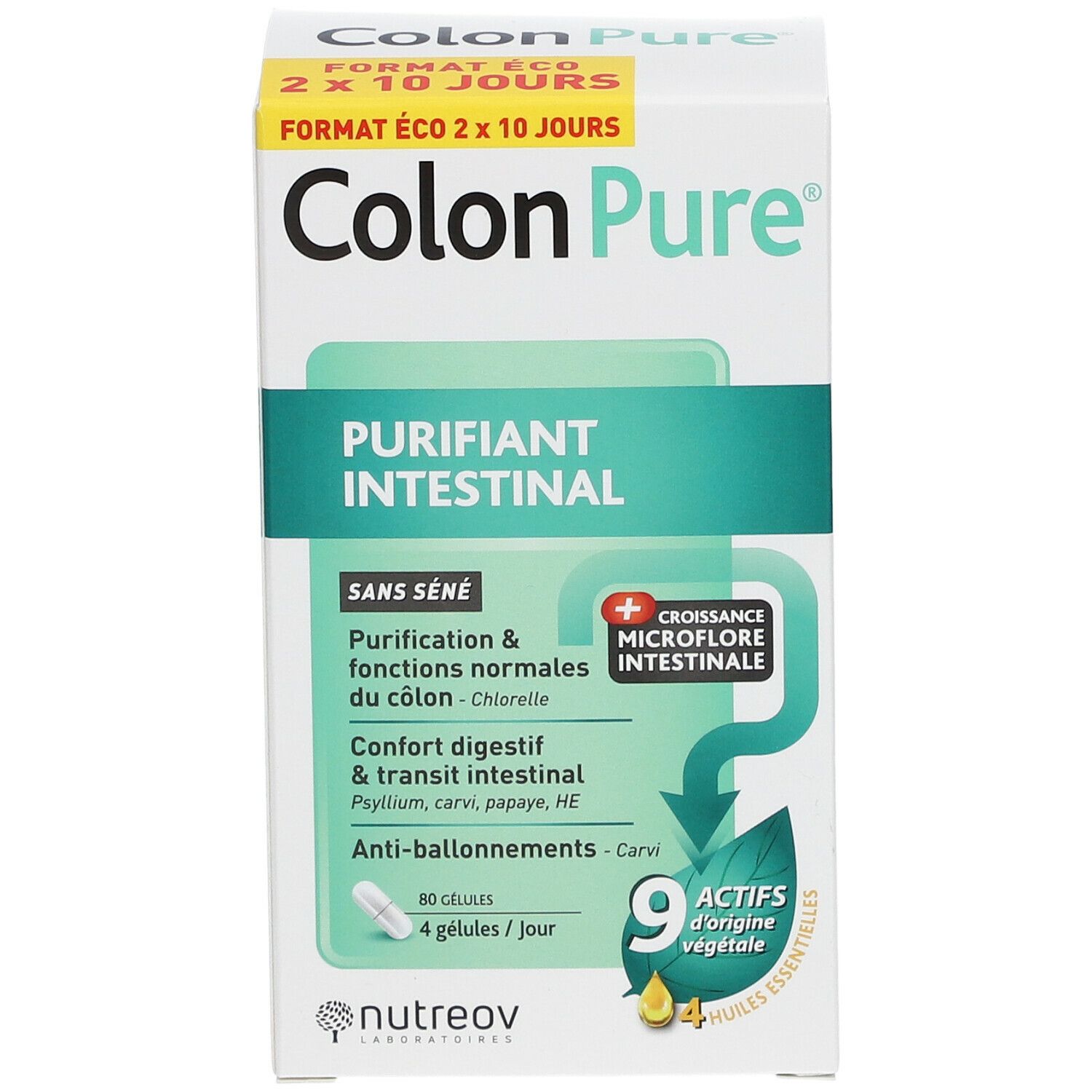 Verpackung von Nutreov Colon Pure®. Enthält 80 Kapseln. Aufschrift: Purifiant Intestinal, 9 pflanzliche Wirkstoffe.
