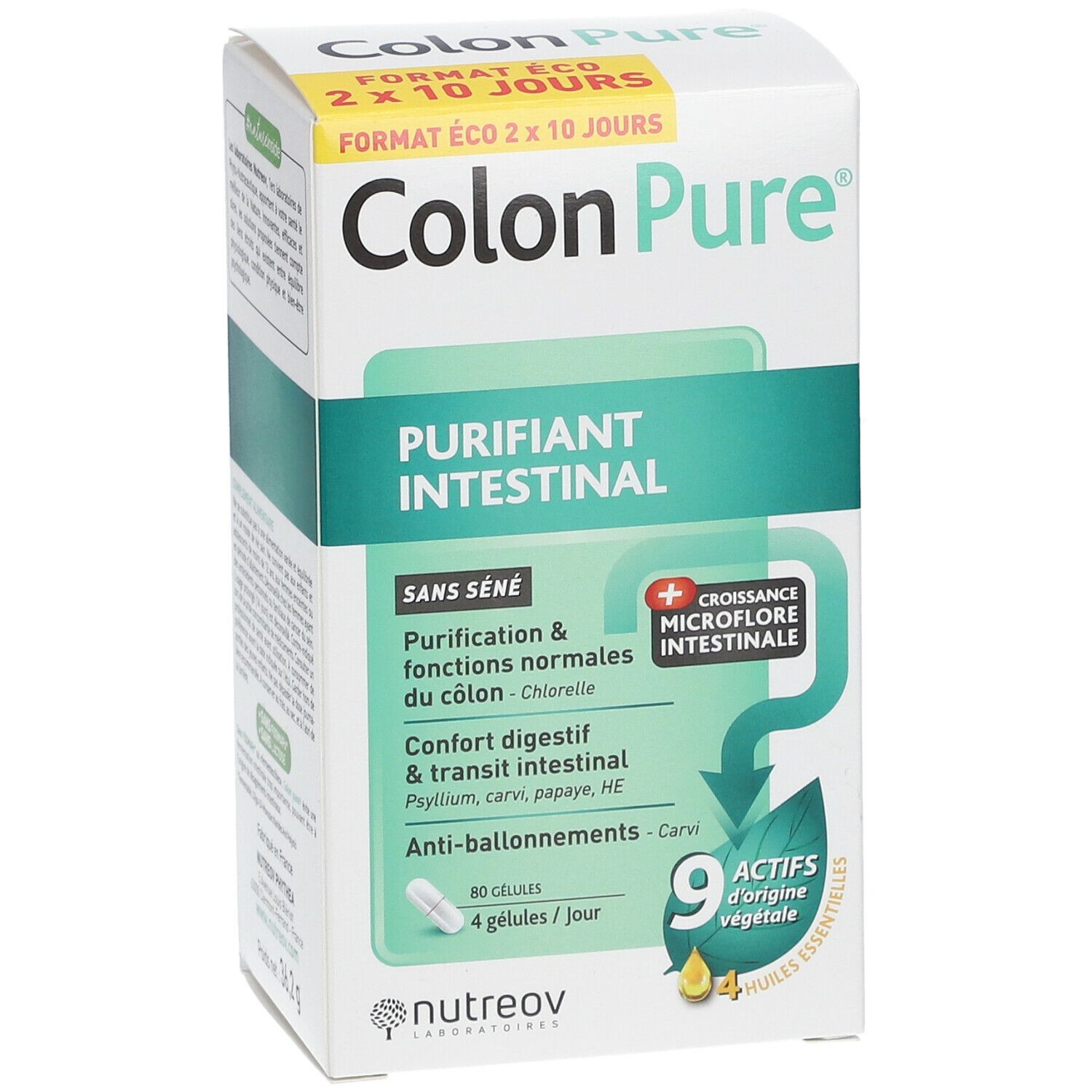 Verpackung von Nutreov Colon Pure®. Enthält 80 Kapseln. Aufschrift: Purifiant Intestinal, 9 pflanzliche Wirkstoffe.