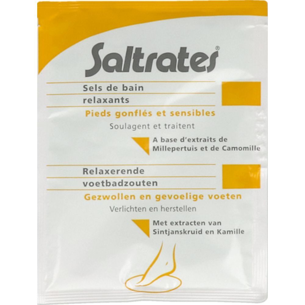 Sachet blanc et jaune. Nom du produit et texte. Illustration d'un pied.