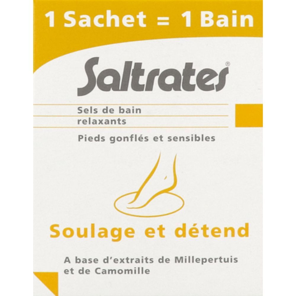 Emballage avec nom du produit et texte. Couleurs jaune et blanc. Illustration d'un pied.