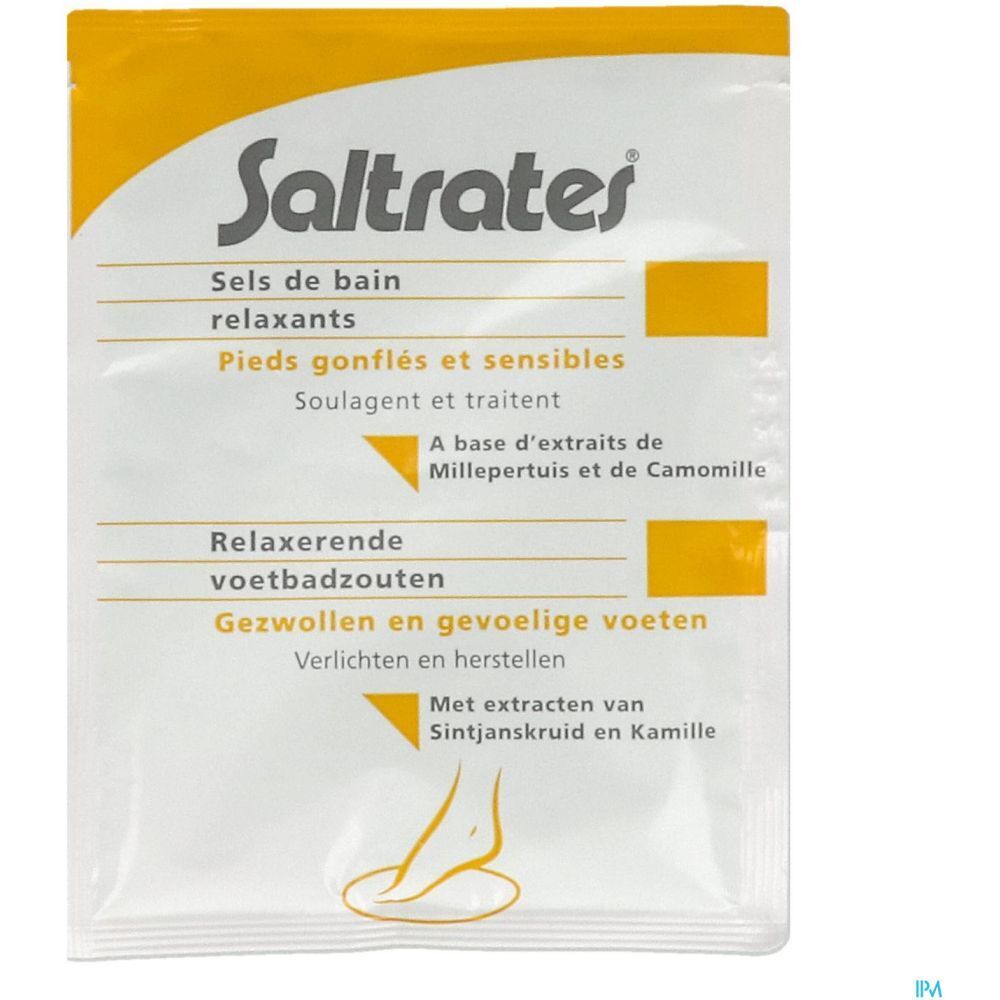 Sachet blanc et jaune. Nom du produit et texte. Illustration d'un pied.