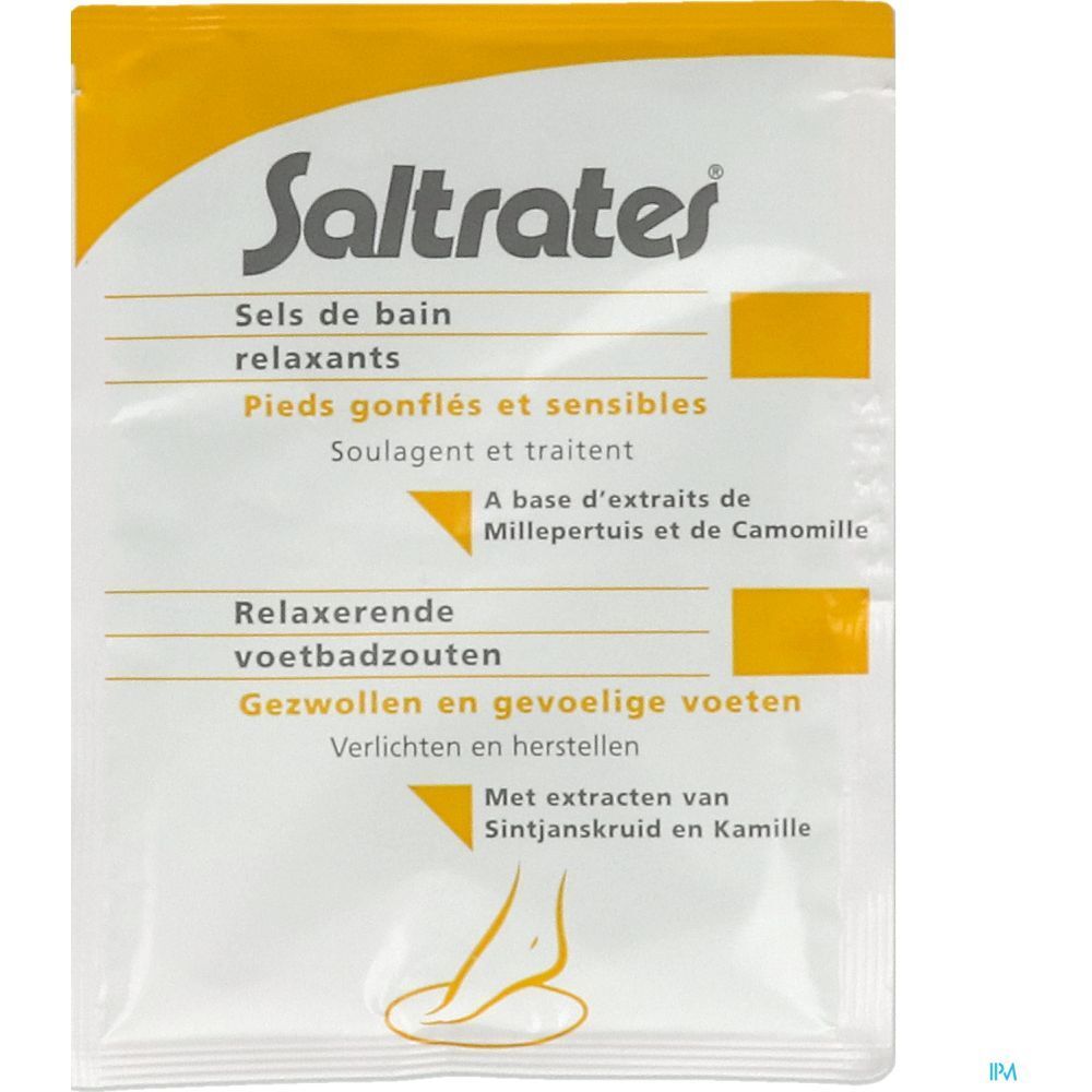 Sachet blanc et jaune. Nom du produit et texte. Illustration d'un pied.