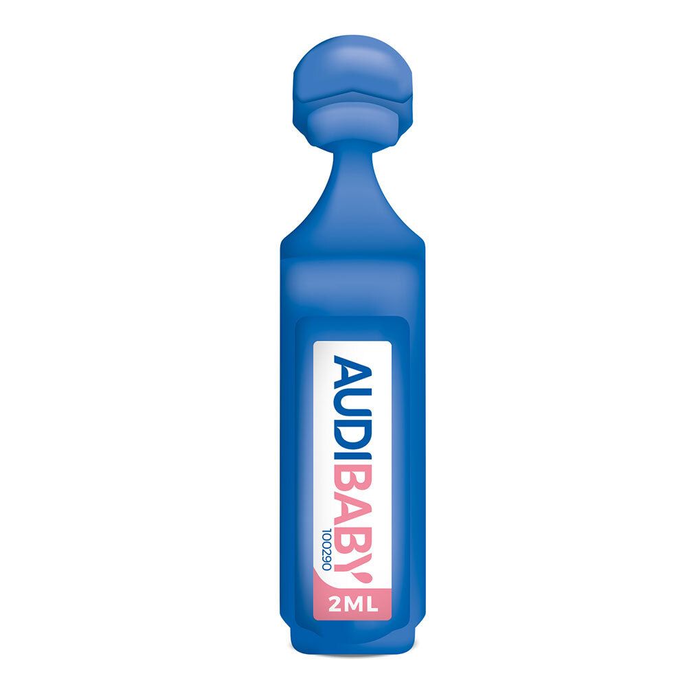Unidose bleue AUDIBABY. Texte blanc : AUDIBABY, 2ml. En forme de goutte. Pour l'hygiène des oreilles.