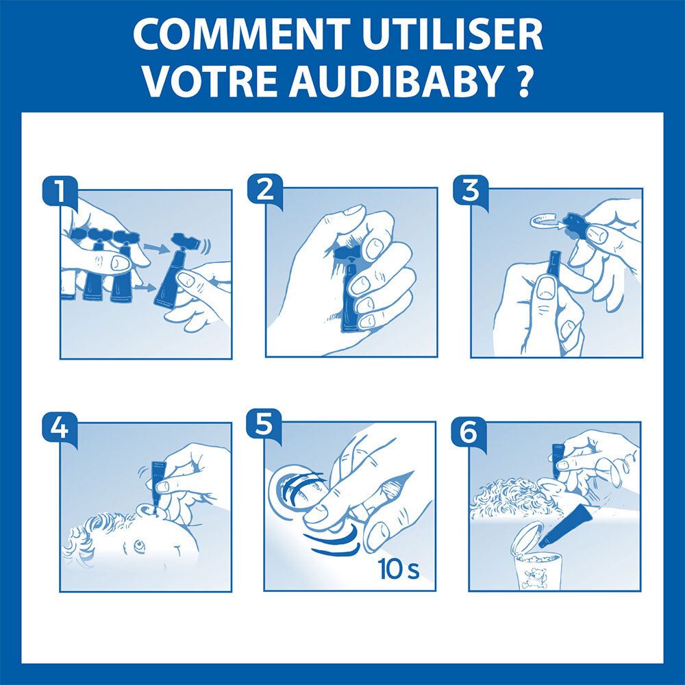 Instructions d'utilisation d'AUDIBABY. 6 étapes avec illustrations. Montre l'application de l'unidose.