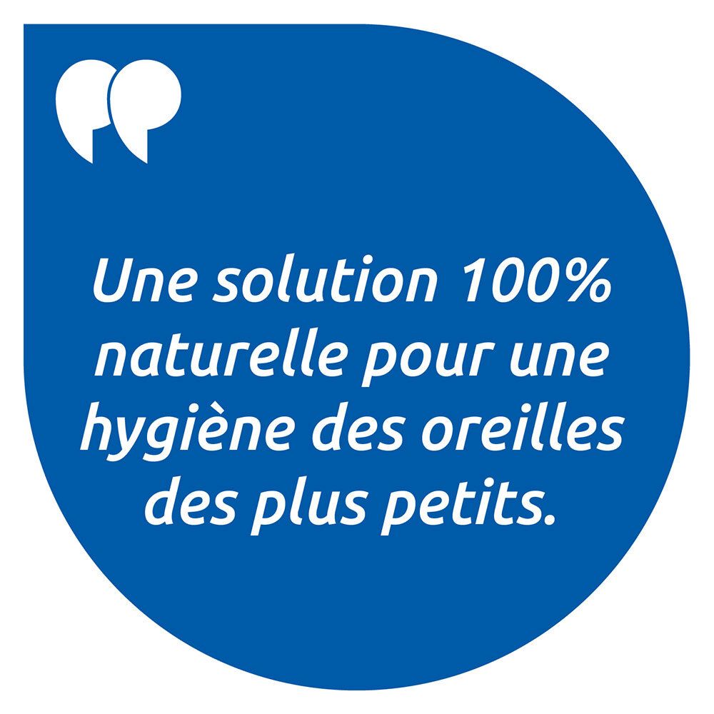 Fond bleu. Texte : Une solution 100% naturelle pour une hygiène des oreilles des plus petits.