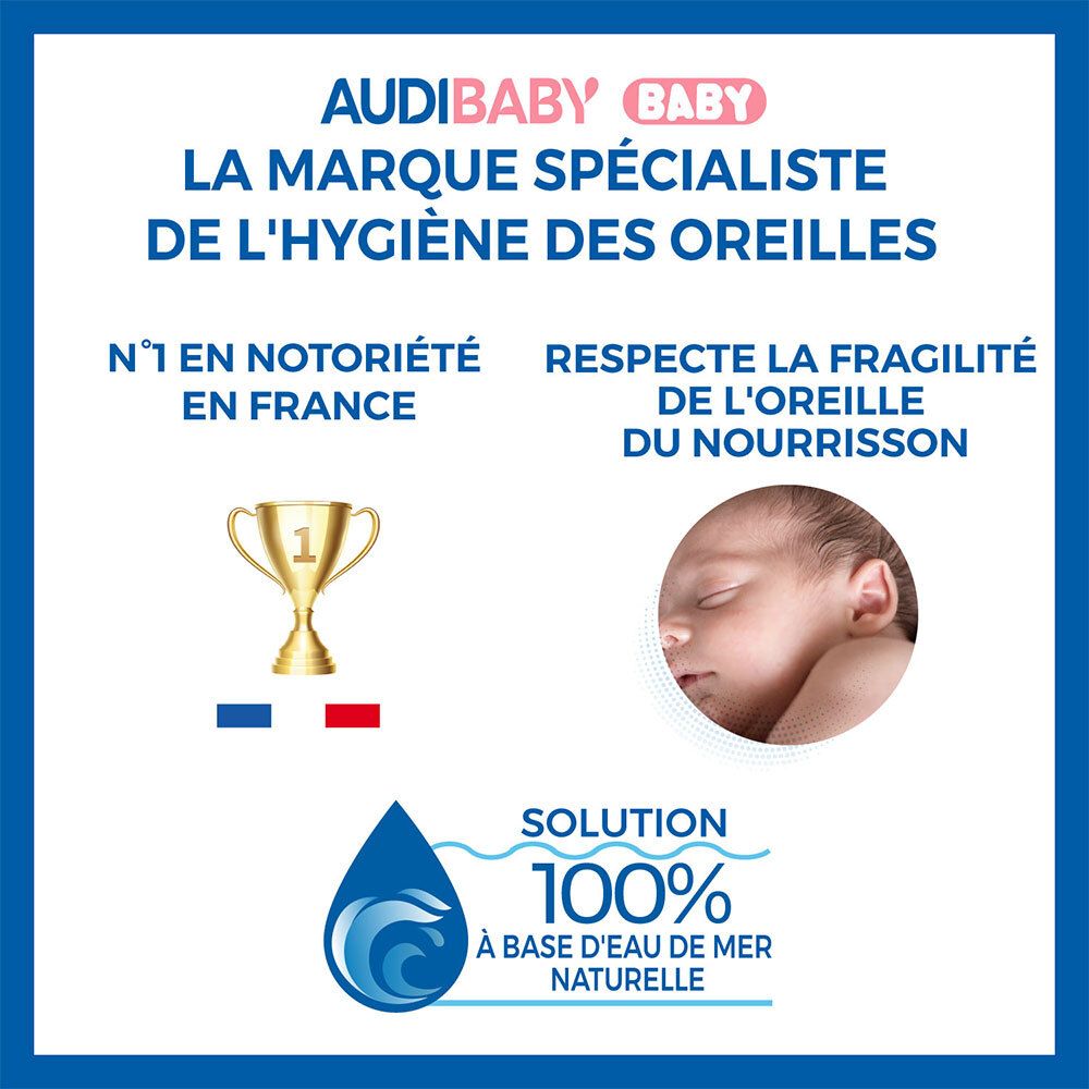 Fond bleu. Texte : AUDIBABY, la marque spécialiste de l'hygiène des oreilles. Récompense et bébé.