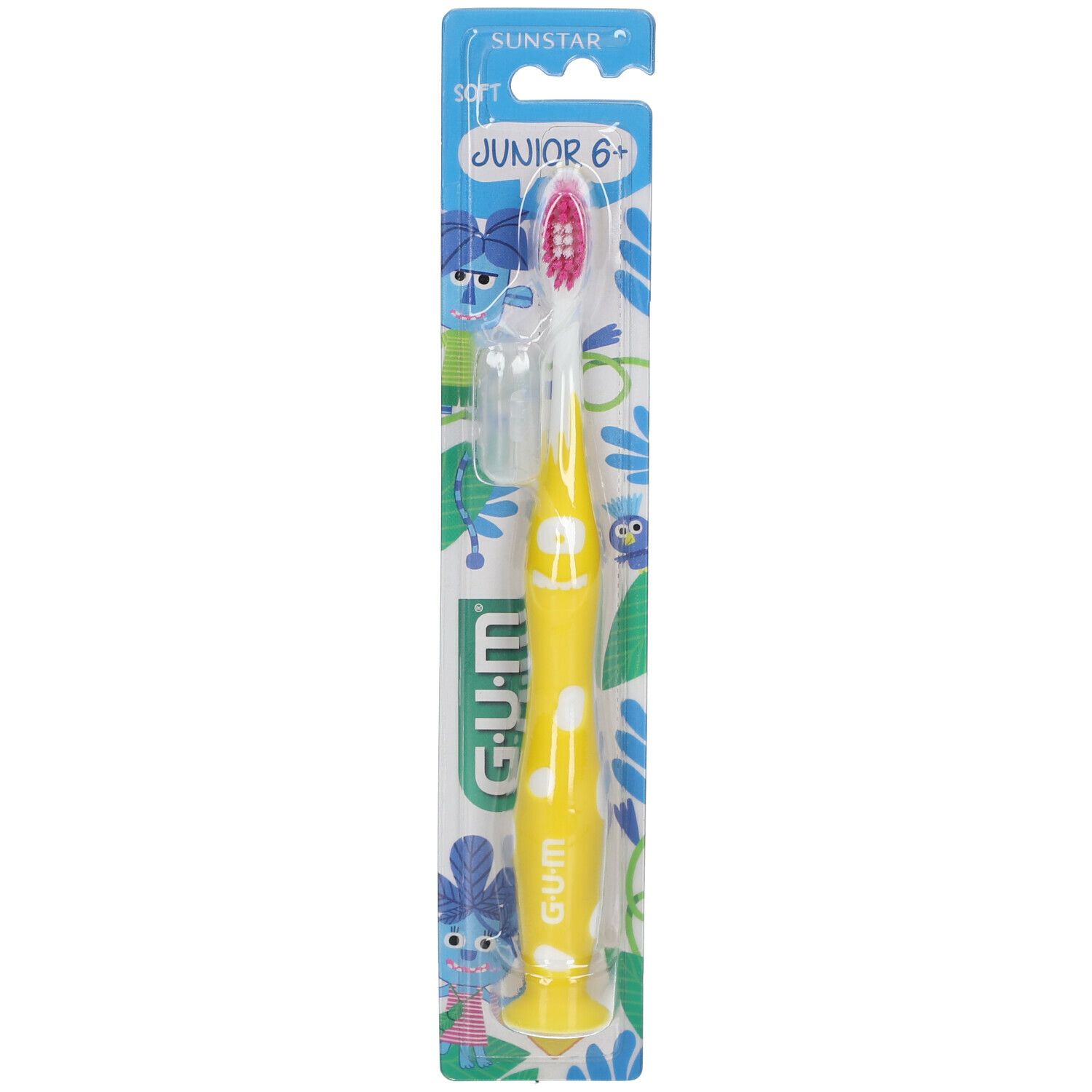 Brosse à dents jaune avec poils roses, emballage blister. GUM Junior 6+.