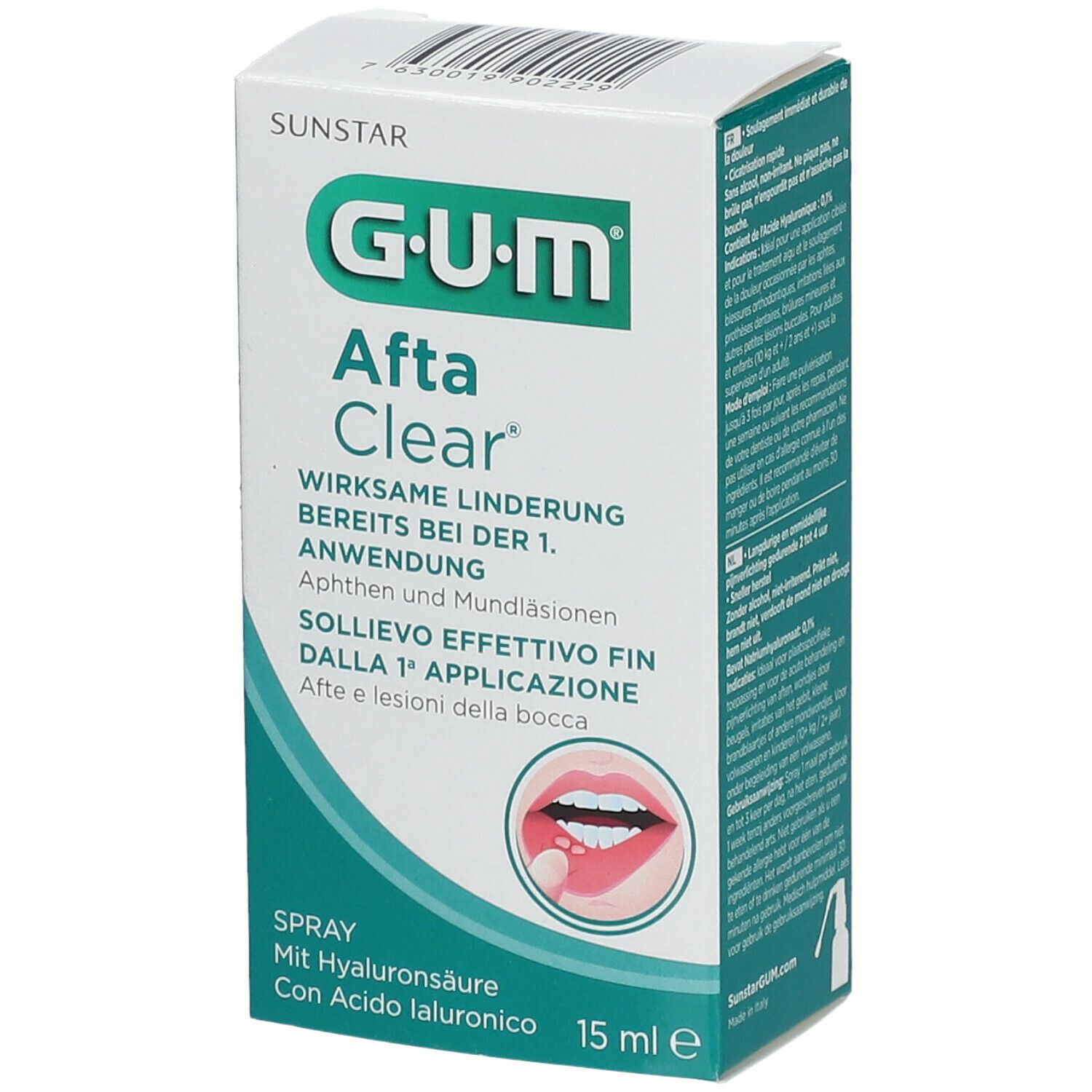 Boîte GUM AftaClear Spray. Carton blanc avec nom du produit et illustration de la bouche. 15 ml.