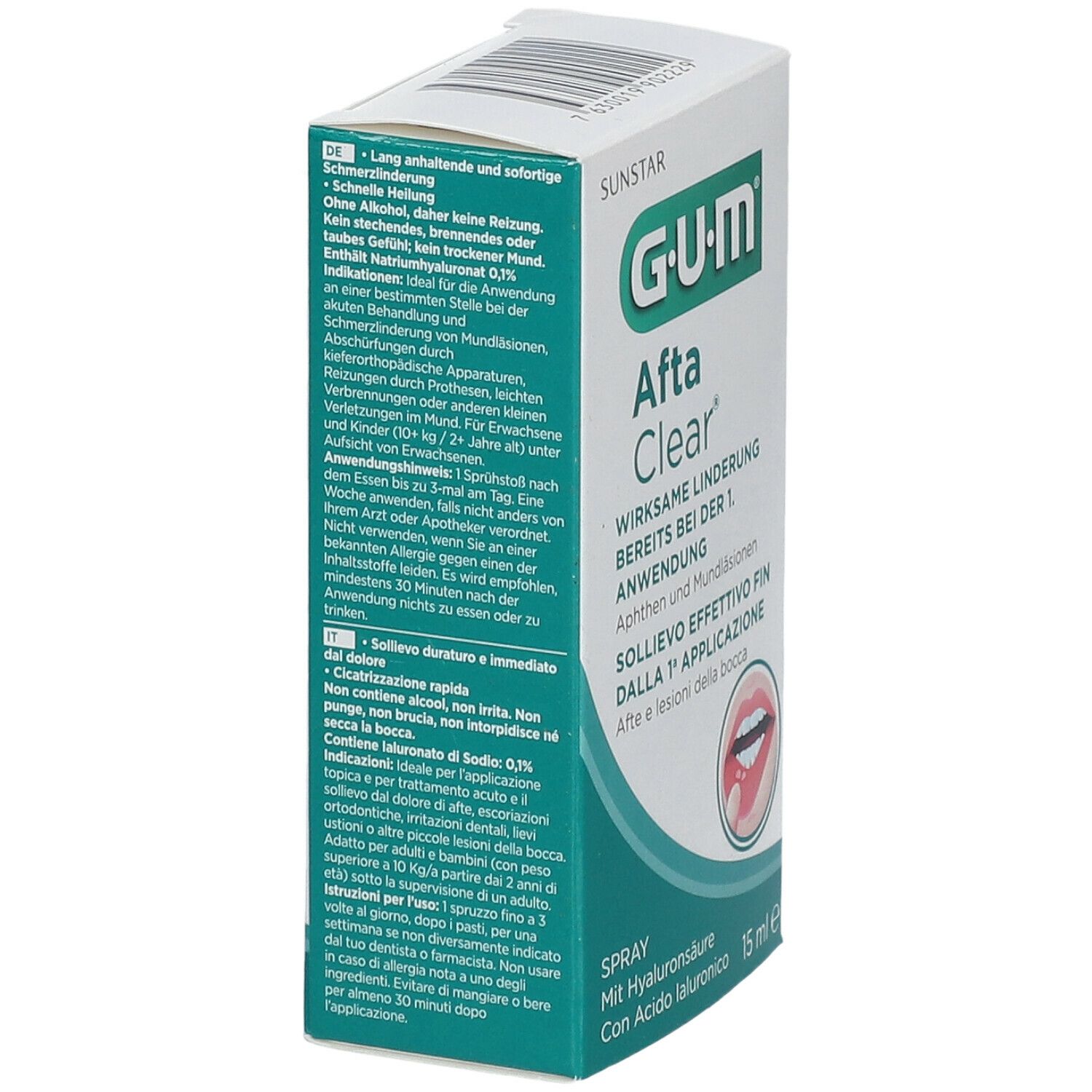 Boîte GUM AftaClear Spray. Carton blanc avec informations produit et illustration. 15 ml.