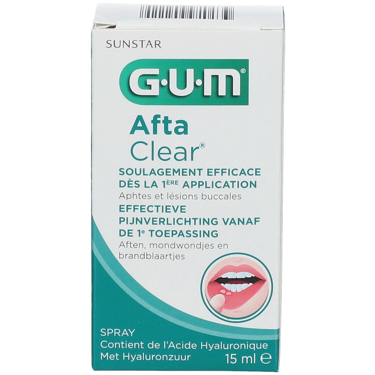 Boîte GUM AftaClear Spray. Carton blanc avec nom du produit et illustration de la bouche. 15 ml.