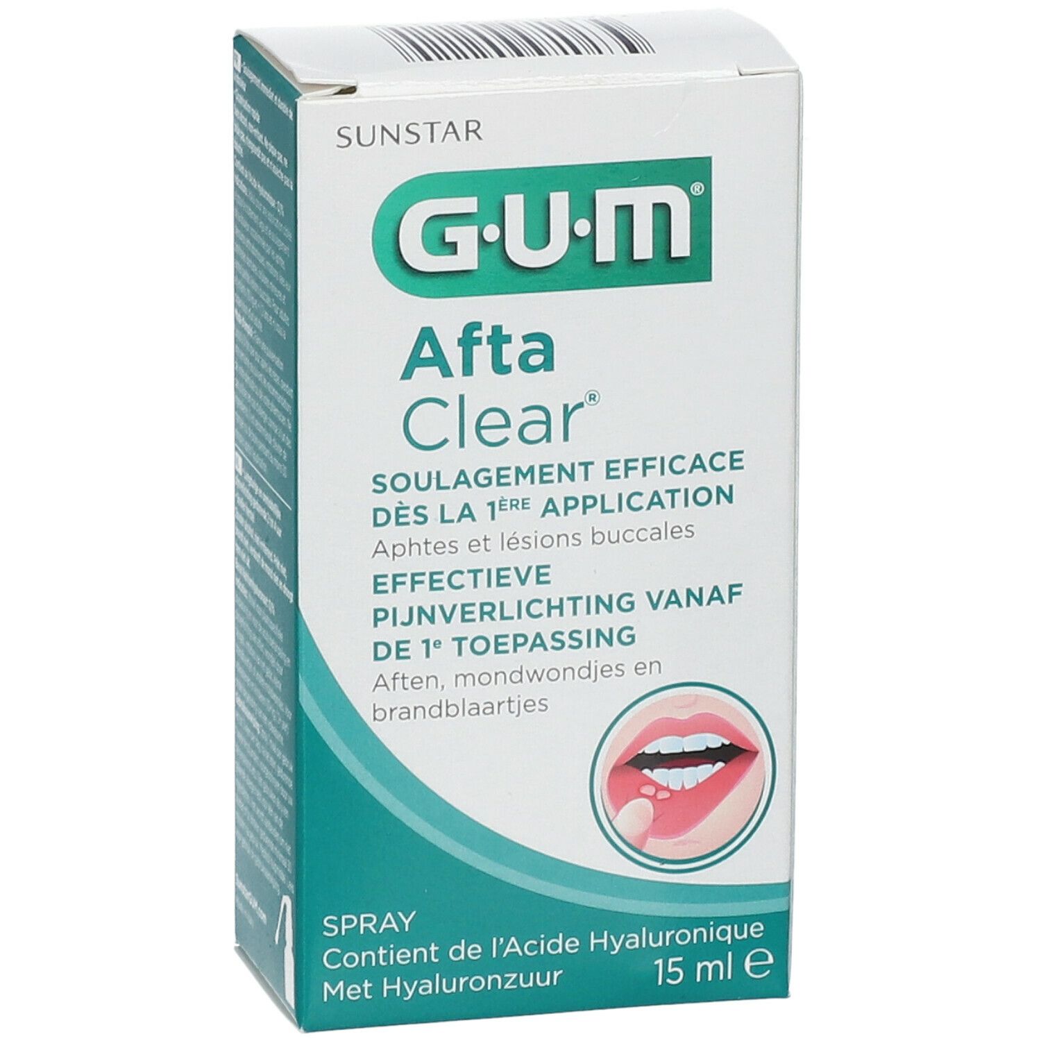 Boîte GUM AftaClear Spray. Carton blanc avec nom du produit et illustration de la bouche. 15 ml.