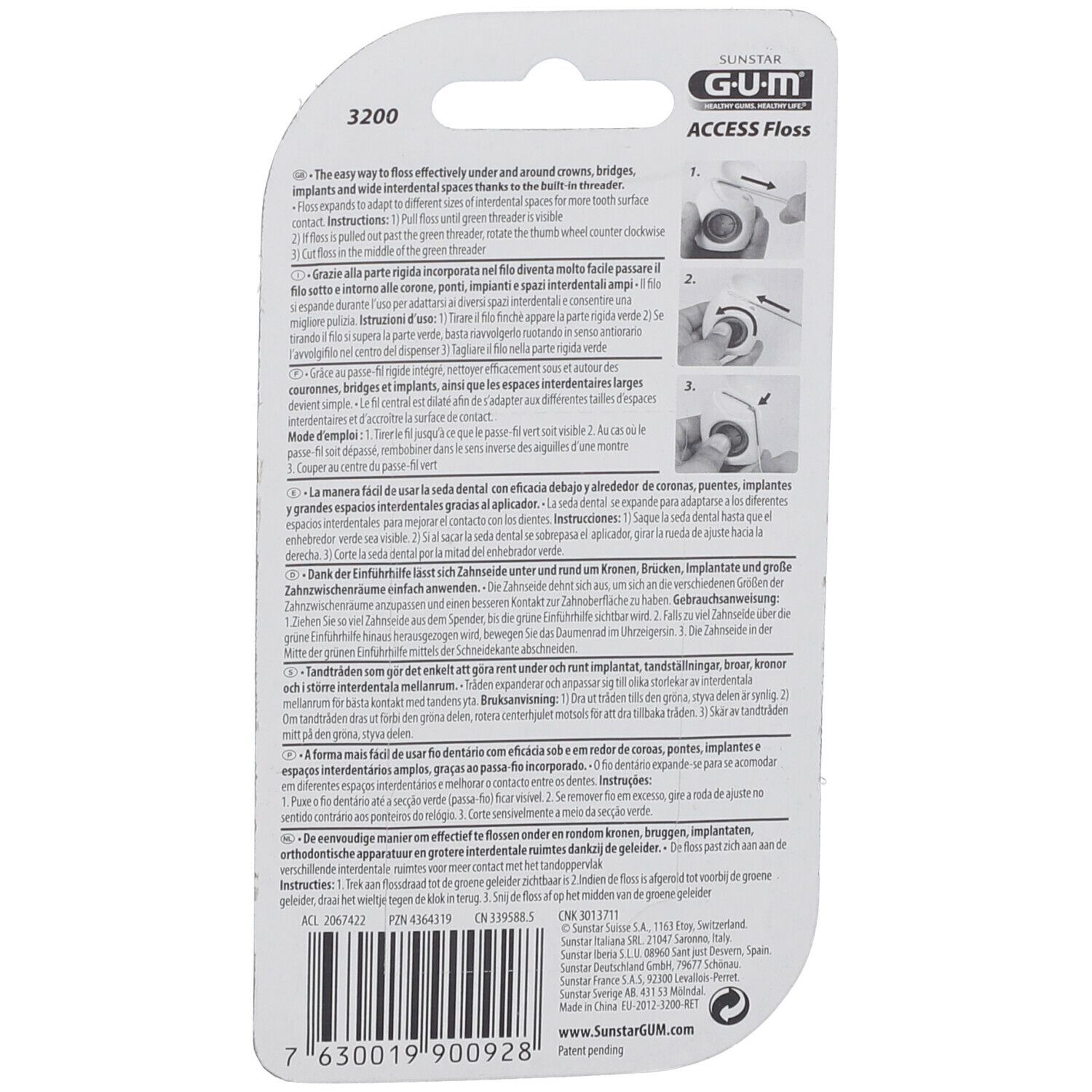Dos de l'emballage GUM Access Floss. Texte multilingue. Illustrations d'utilisation.