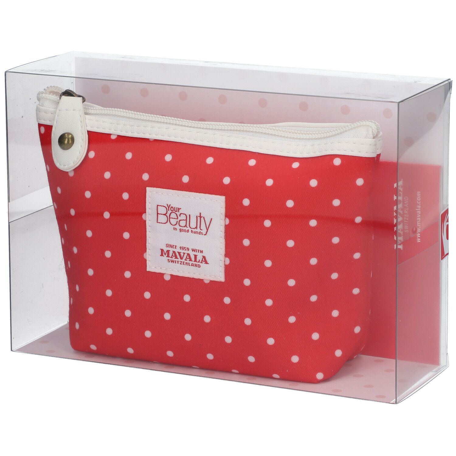 Trousse de toilette rouge à pois blancs, fermeture éclair. Emballage transparent. Marque : MAVALA.
