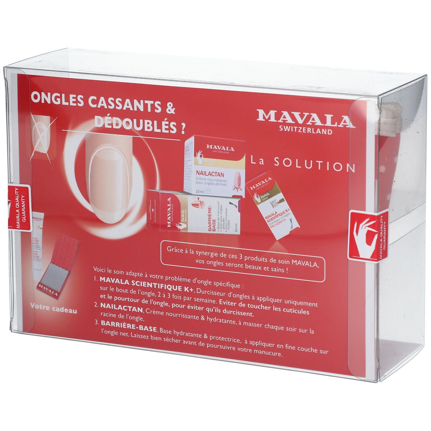 Emballage transparent avec produits pour les ongles. Texte : MAVALA, La Solution. Contient produits et instructions.