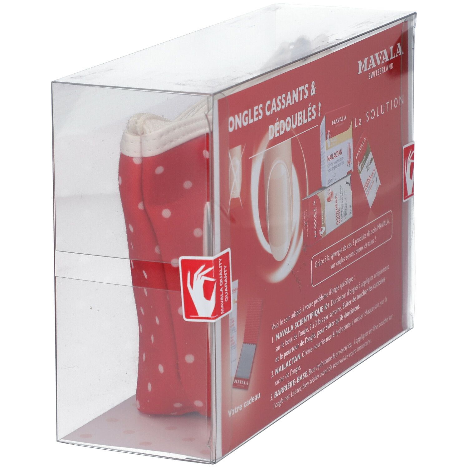 Emballage transparent avec trousse rouge et produits ongles. Marque : MAVALA. Texte : La Solution.