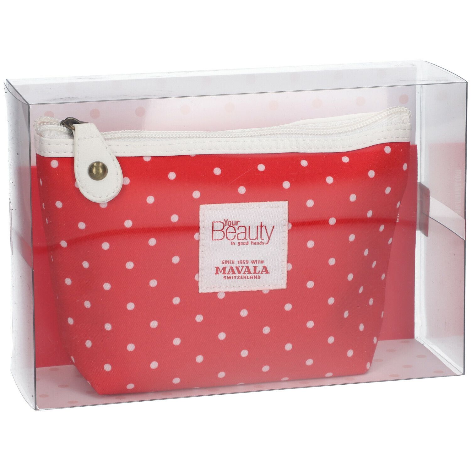 Trousse de toilette rouge à pois blancs, fermeture éclair. Emballage transparent. Marque : MAVALA.