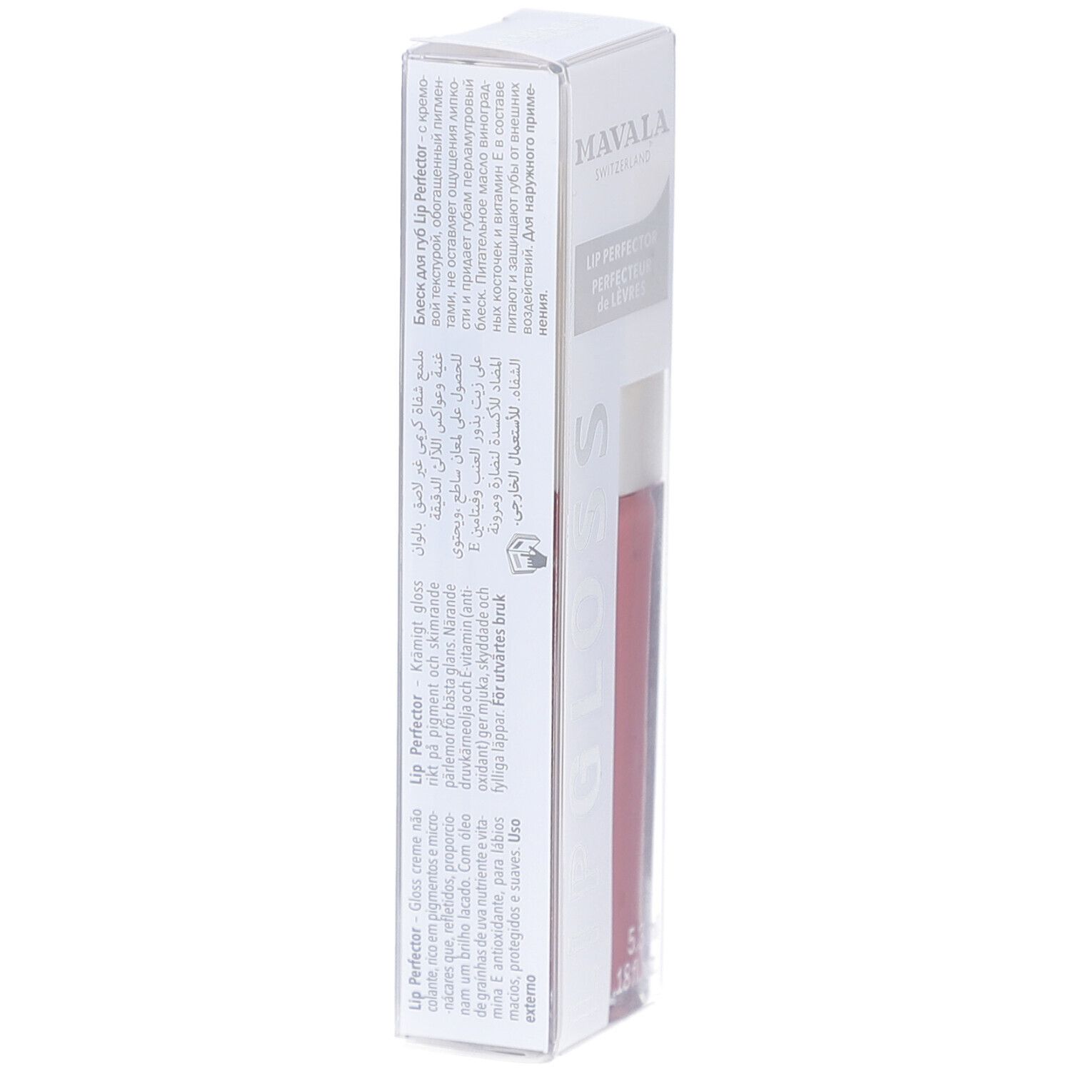 Verpackung des Lipgloss. Text: LIP GLOSS, MAVALA, Gloss-creme, Creamy Gloss. Rückseite mit Text in mehreren Sprachen.