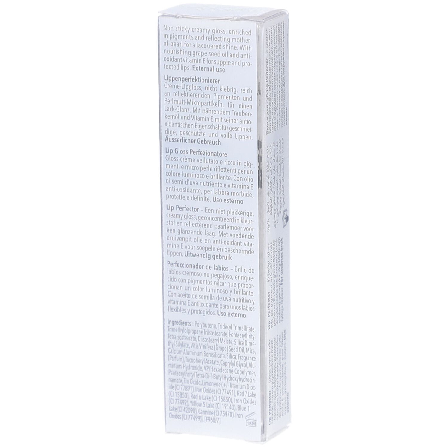 Verpackung des Lipgloss. Text in mehreren Sprachen. Marke: MAVALA. Produktname: LIP GLOSS. Rückseite mit Text.