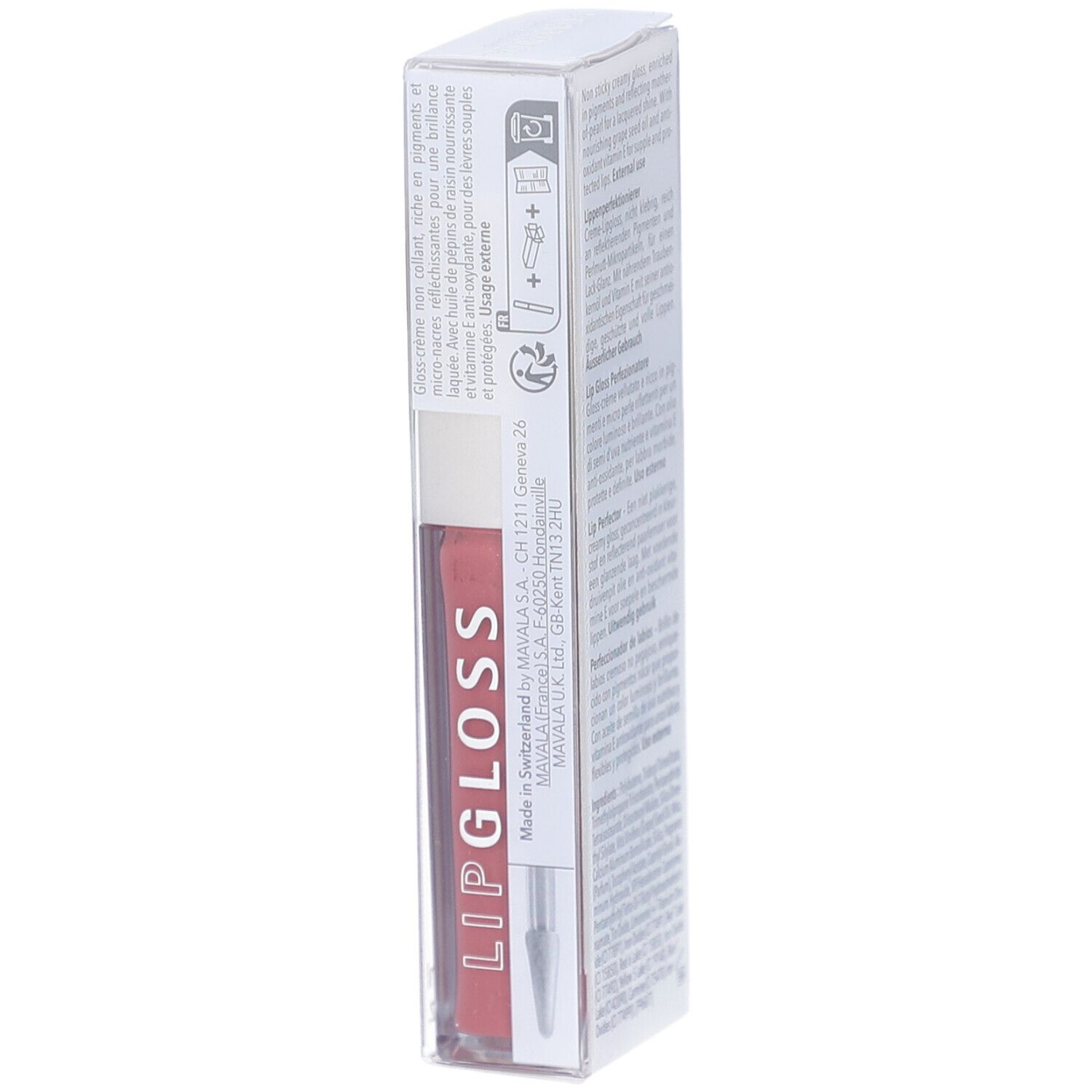 Lipgloss in transparenter Verpackung. Produktname: LIP GLOSS. Marke: MAVALA SWITZERLAND. Farbe: Rosa. Seitenansicht.