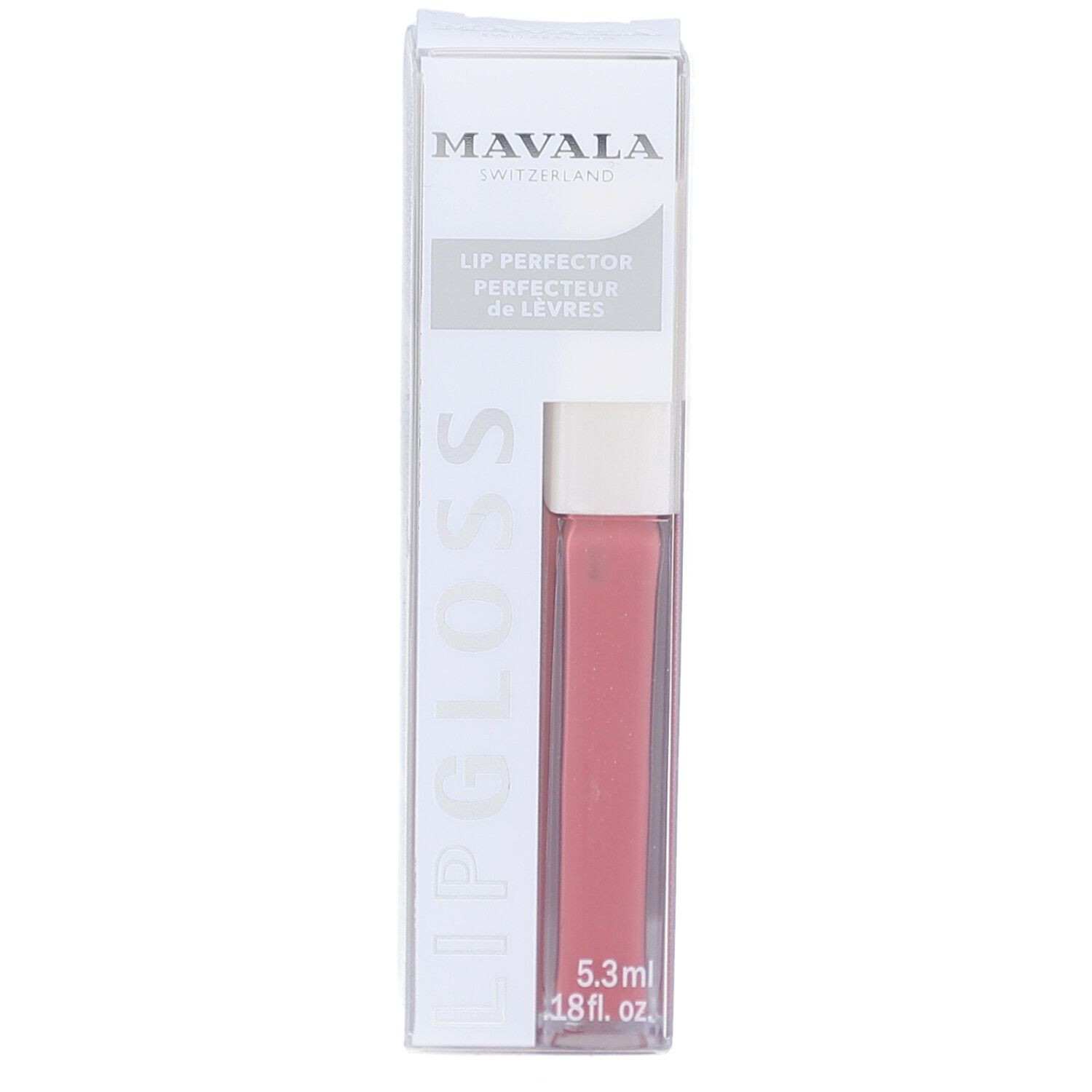 Lipgloss in transparenter Verpackung. Produktname: LIP GLOSS. Marke: MAVALA SWITZERLAND. Farbe: Rosa. Volumen: 6 ml.