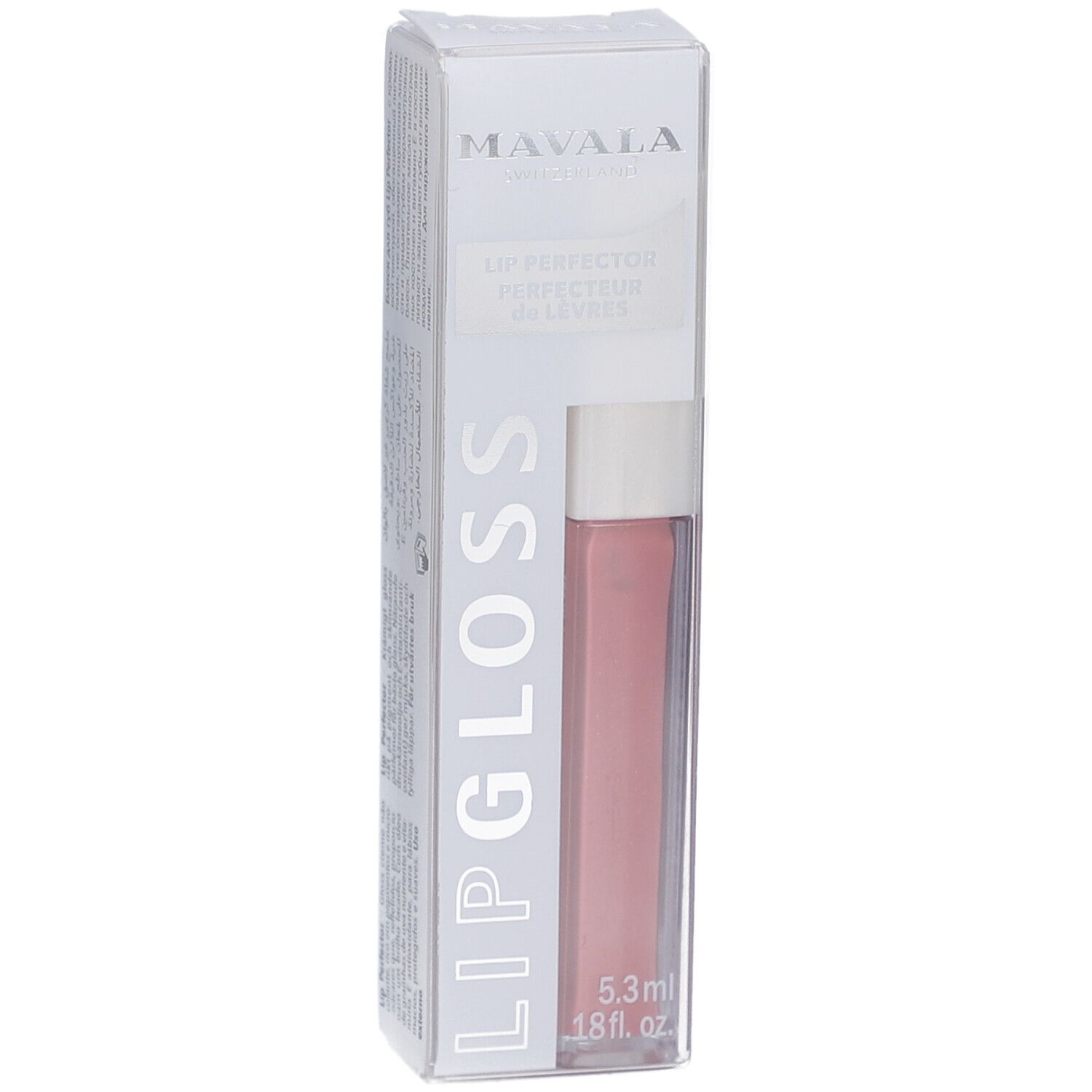 Lipgloss in transparenter Verpackung. Produktname: LIP GLOSS. Marke: MAVALA SWITZERLAND. Farbe: Rosa. Volumen: 6 ml.