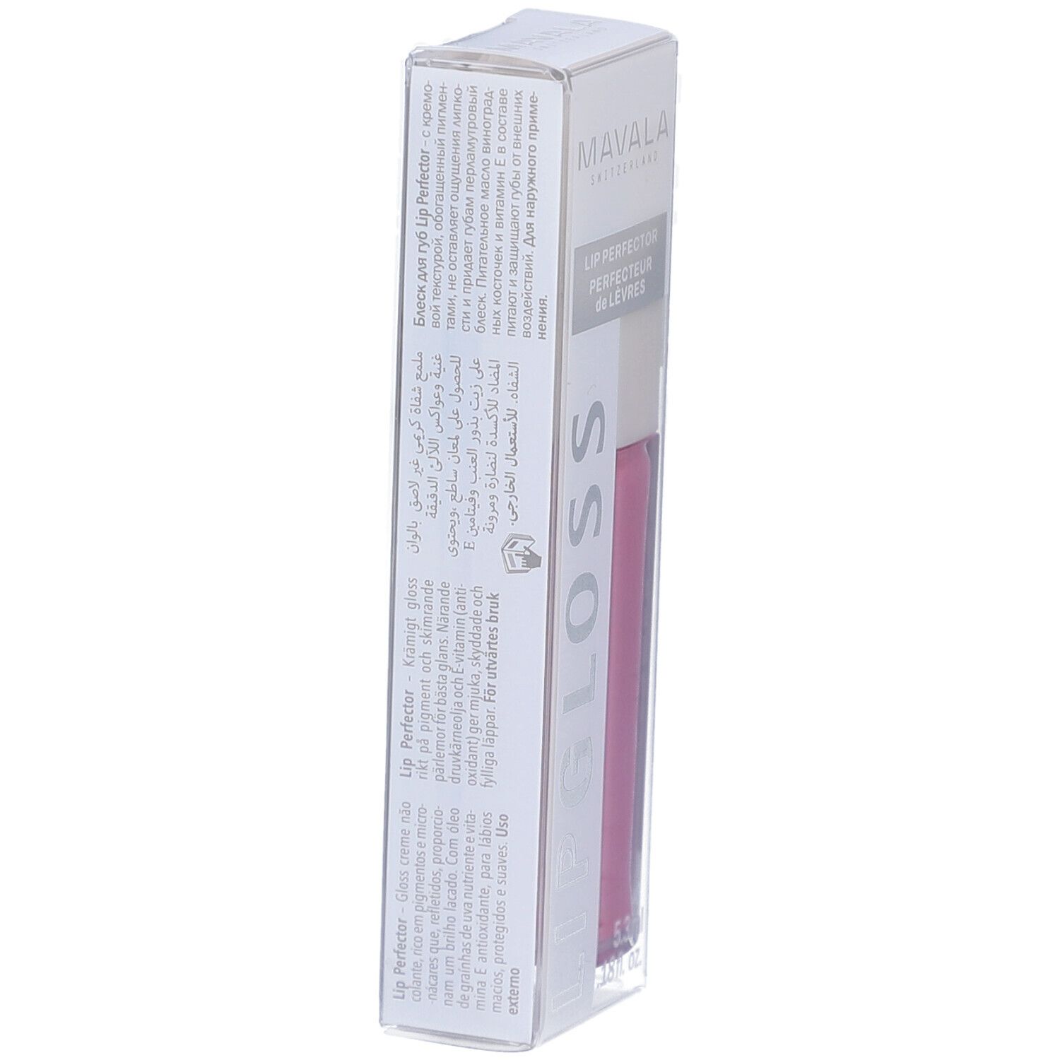 Verpackung von Mavala Lipgloss Marshmallow. Text auf der Verpackung in mehreren Sprachen. Produktname: Lipgloss. Marke: Mavala Switzerland.