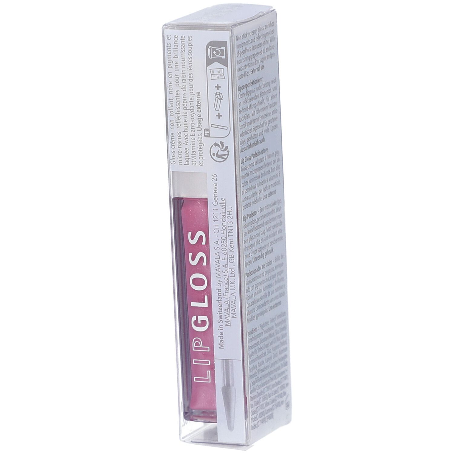 Verpackung von Mavala Lipgloss Marshmallow. Seite mit Text und Piktogrammen. Adresse des Herstellers: Mavala Switzerland.
