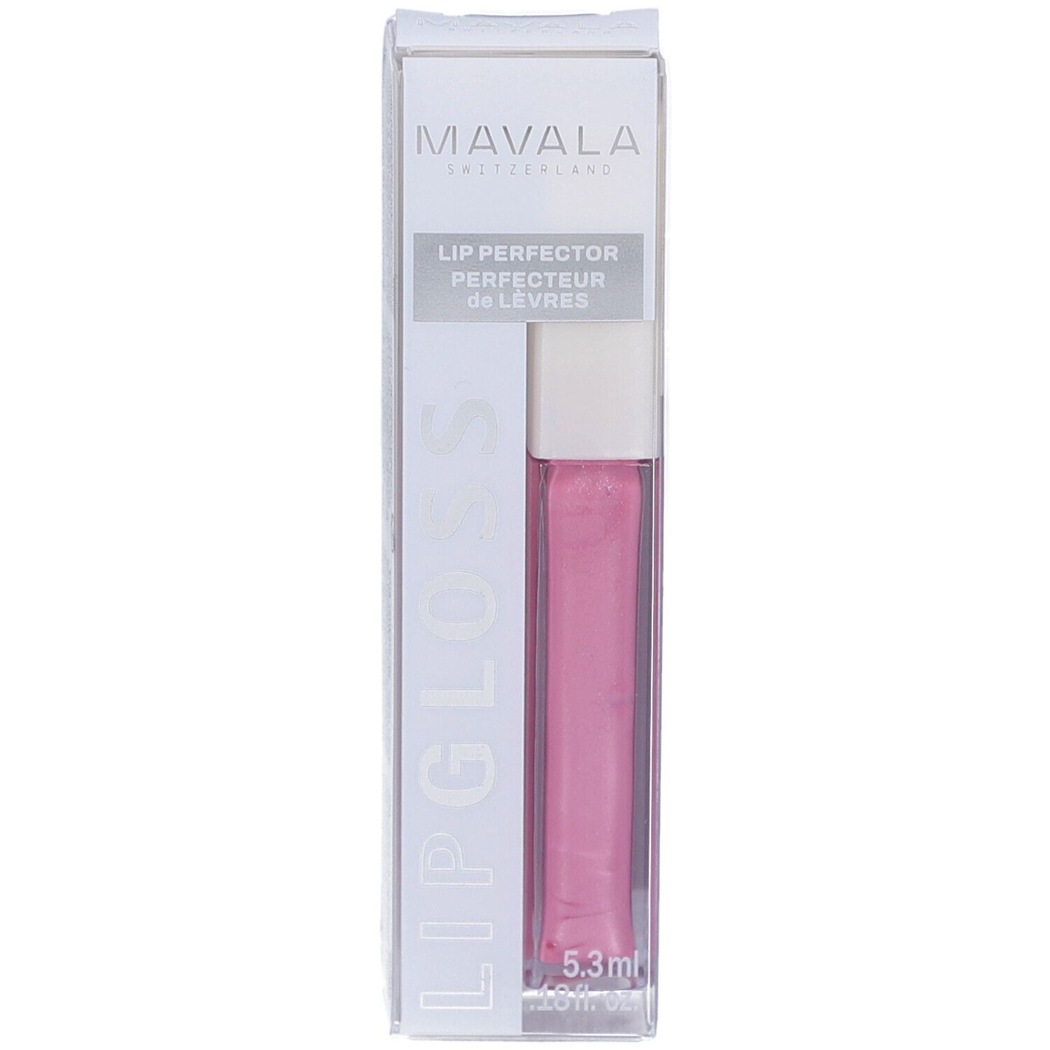 Mavala Lipgloss Marshmallow in Verpackung. Rosa Lipgloss-Tube in transparenter Hülle. Text: Lipgloss, 5.3ml, 18 fl. oz.