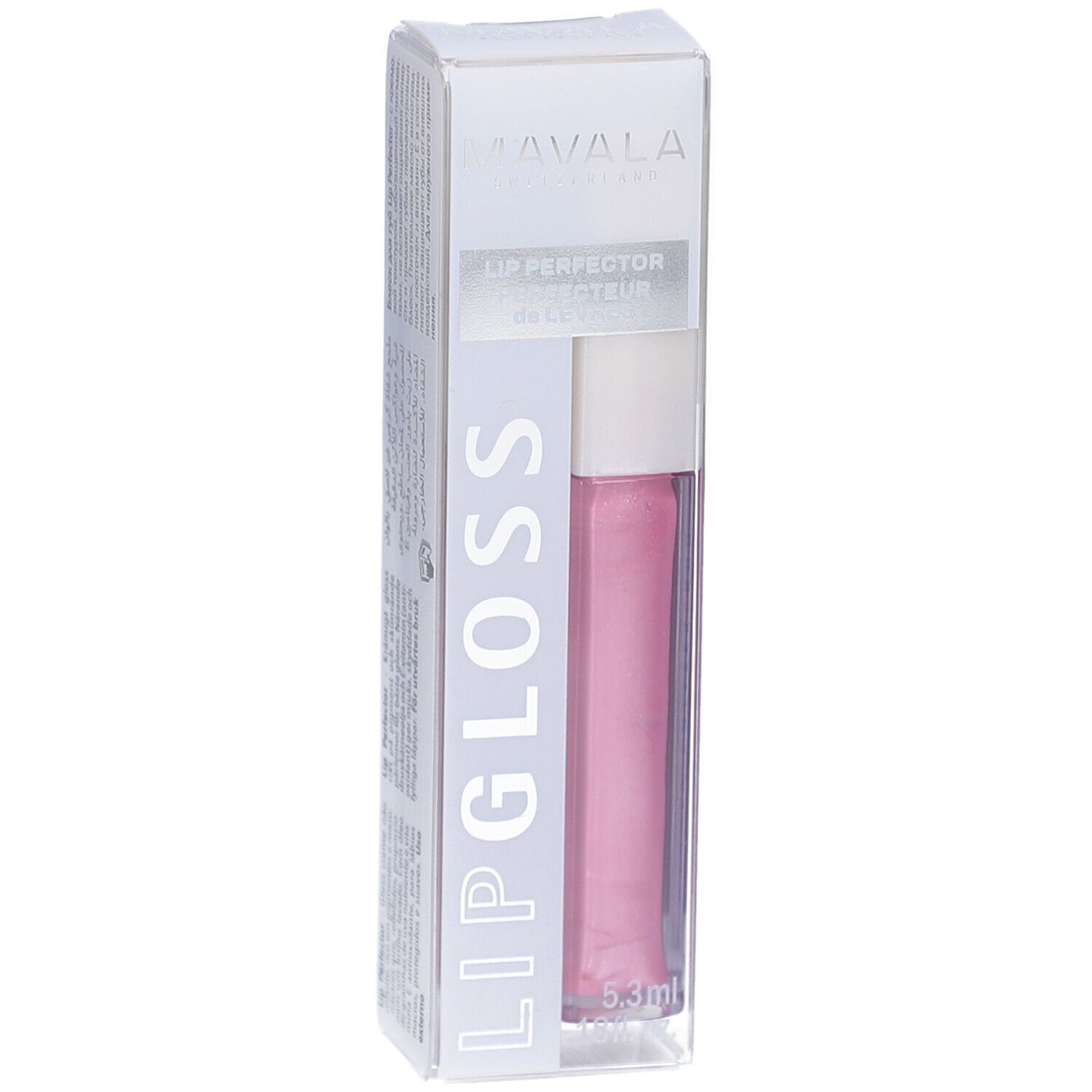 Mavala Lipgloss Marshmallow in Verpackung. Rosa Lipgloss-Tube in transparenter Hülle. Text: Lipgloss, 5.3ml, 18 fl. oz.