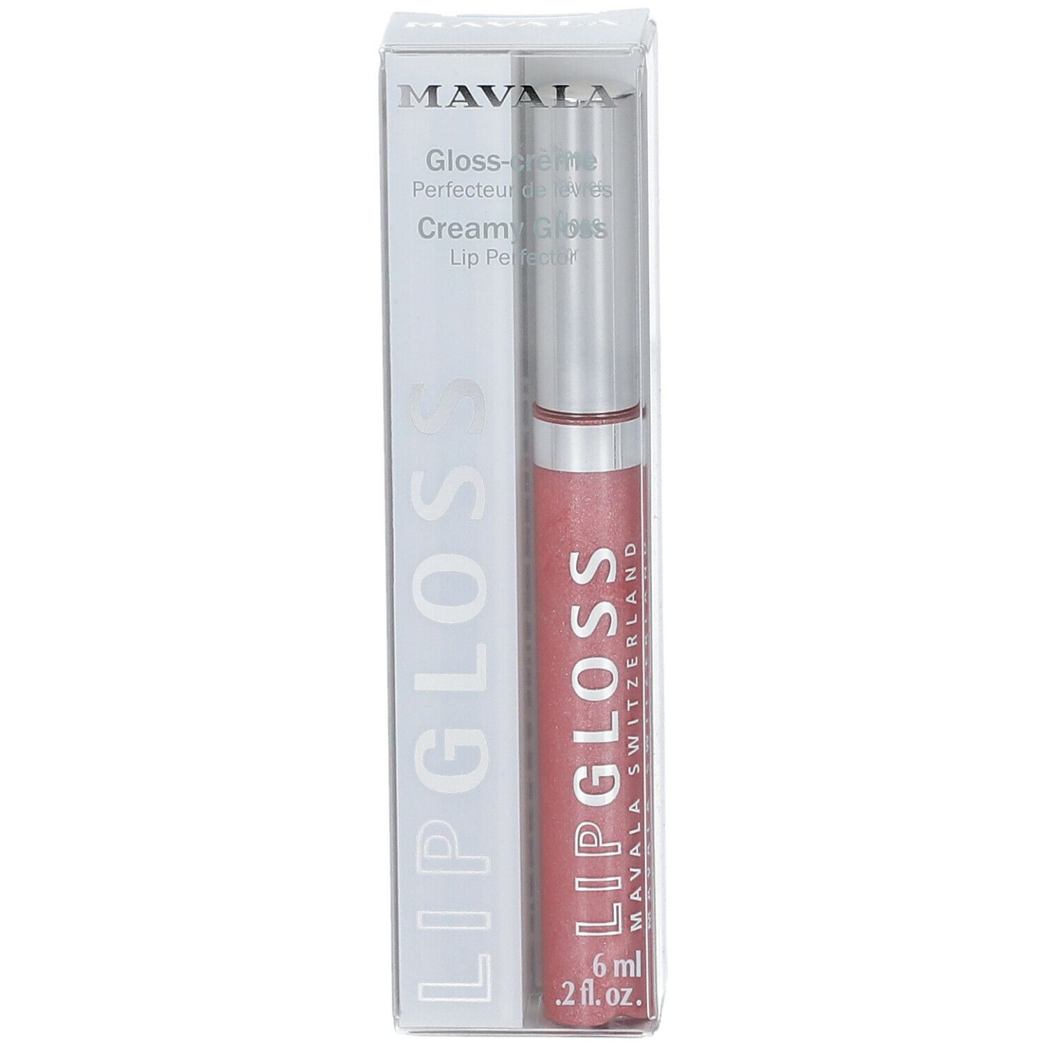 Lipgloss in transparenter Verpackung. Produktname und Marke sichtbar. Rosa Farbton, silberner Applikator.