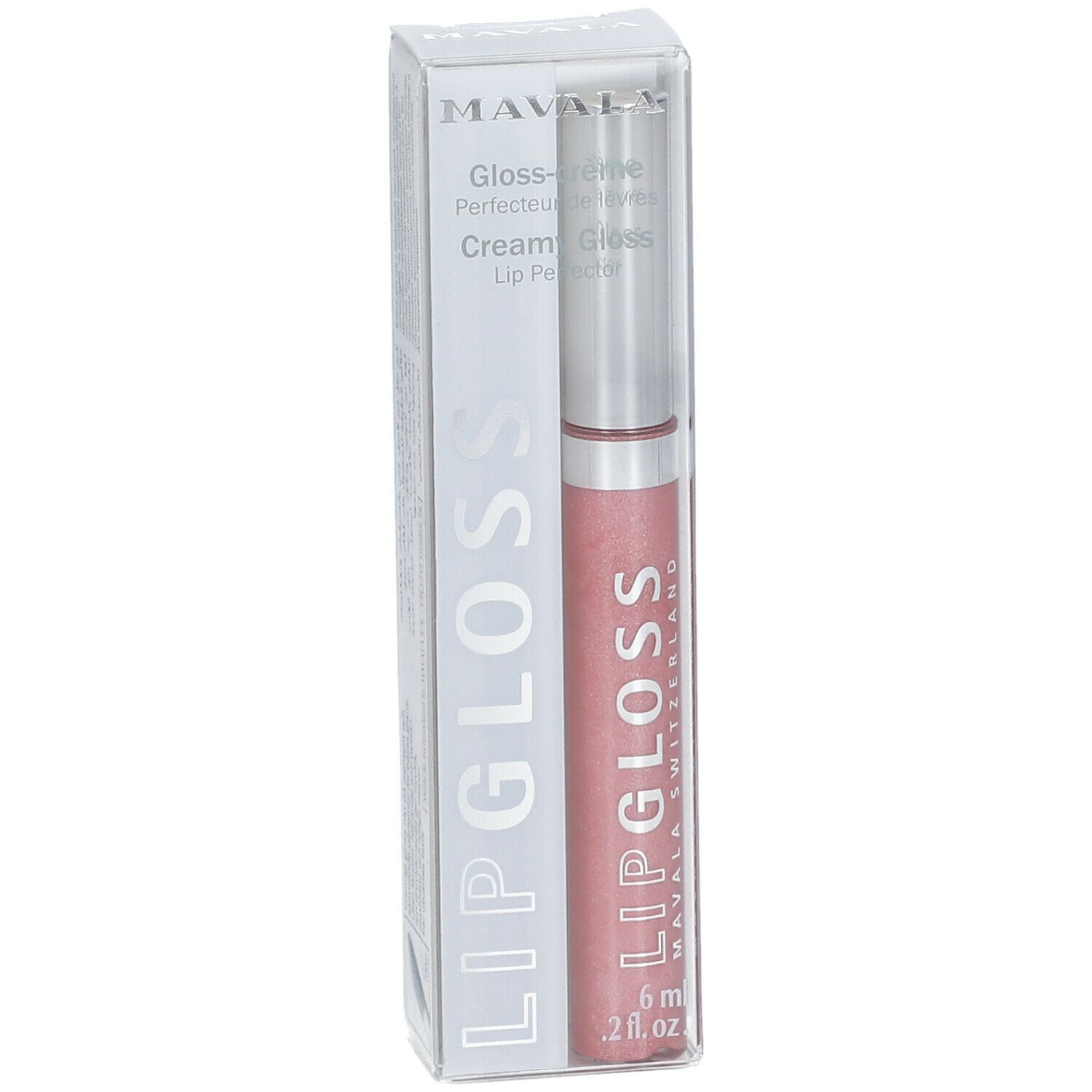 Lipgloss in transparenter Verpackung. Produktname und Marke sichtbar. Rosa Farbton, silberner Applikator.