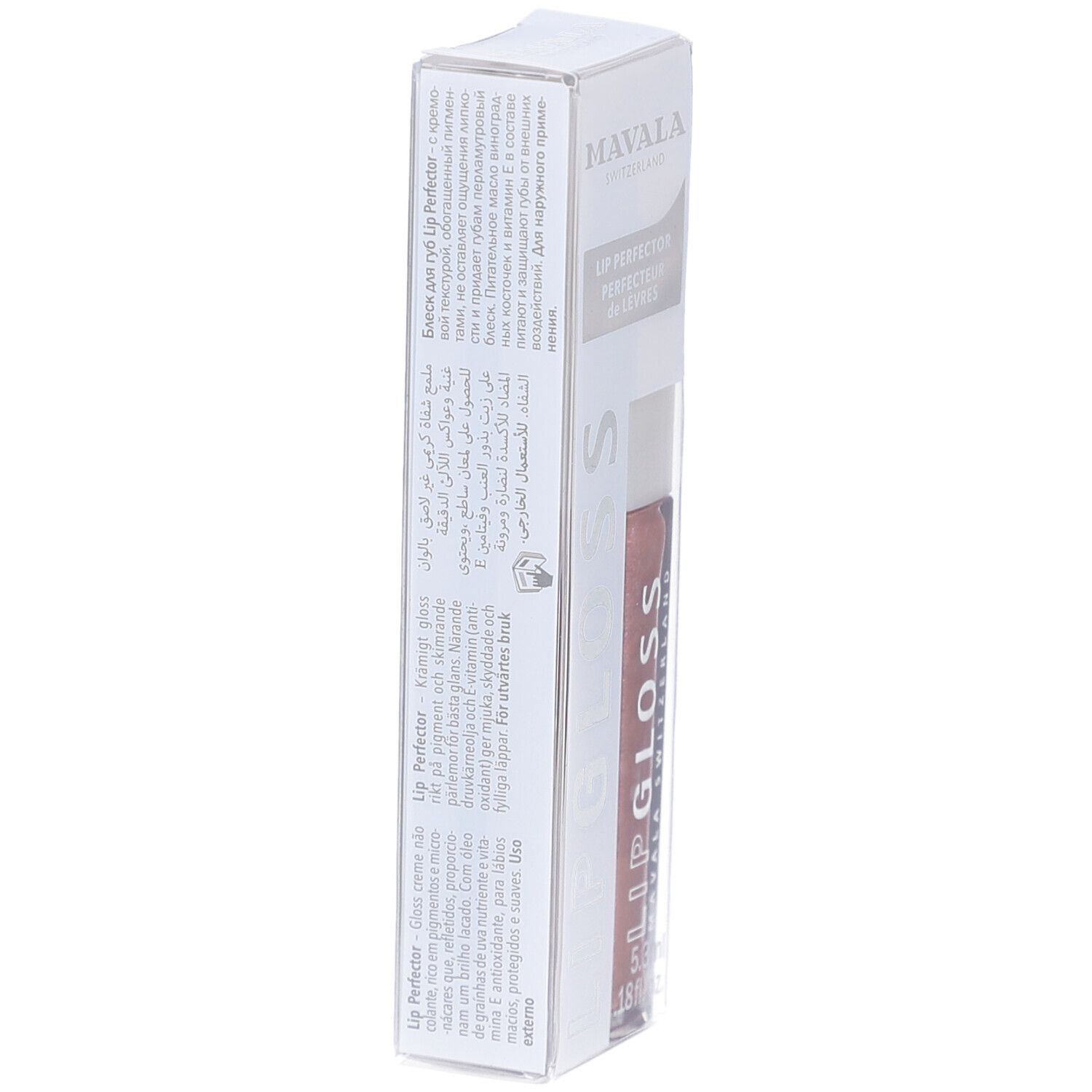 Verpackung von Lipgloss. Aufschrift: LIP GLOSS, MAVALA SWITZERLAND. Text in mehreren Sprachen. Abbildung eines Lippenpinsels.