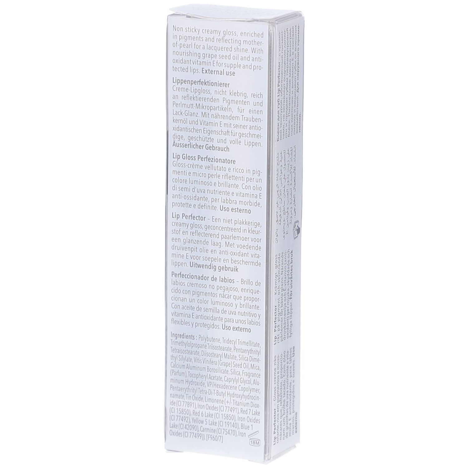 Verpackung von Lipgloss. Text in mehreren Sprachen. Aufschrift: LIP GLOSS, MAVALA SWITZERLAND.