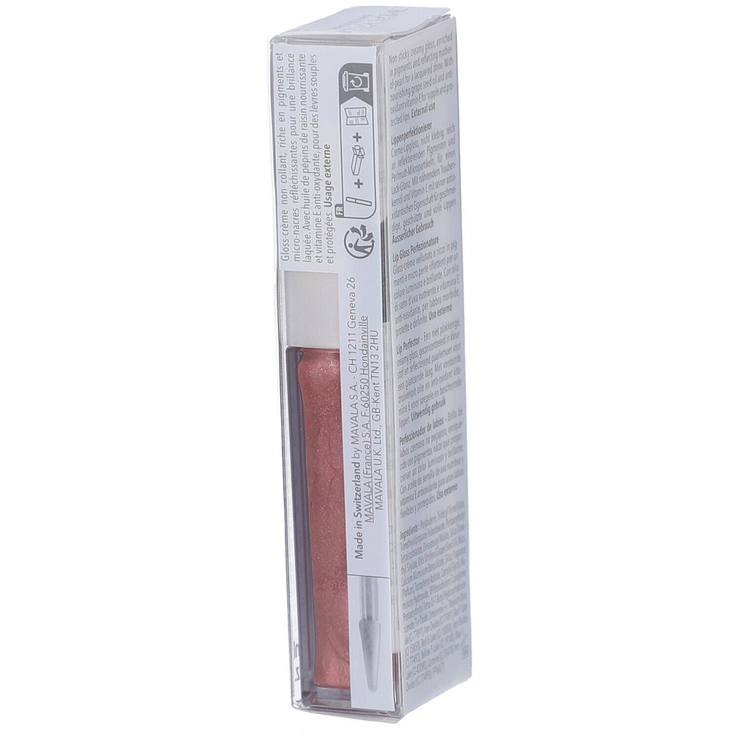 Lipgloss in transparenter Verpackung. Silberfarbener Deckel, rosafarbener Inhalt. Aufschrift: LIP GLOSS, MAVALA SWITZERLAND.