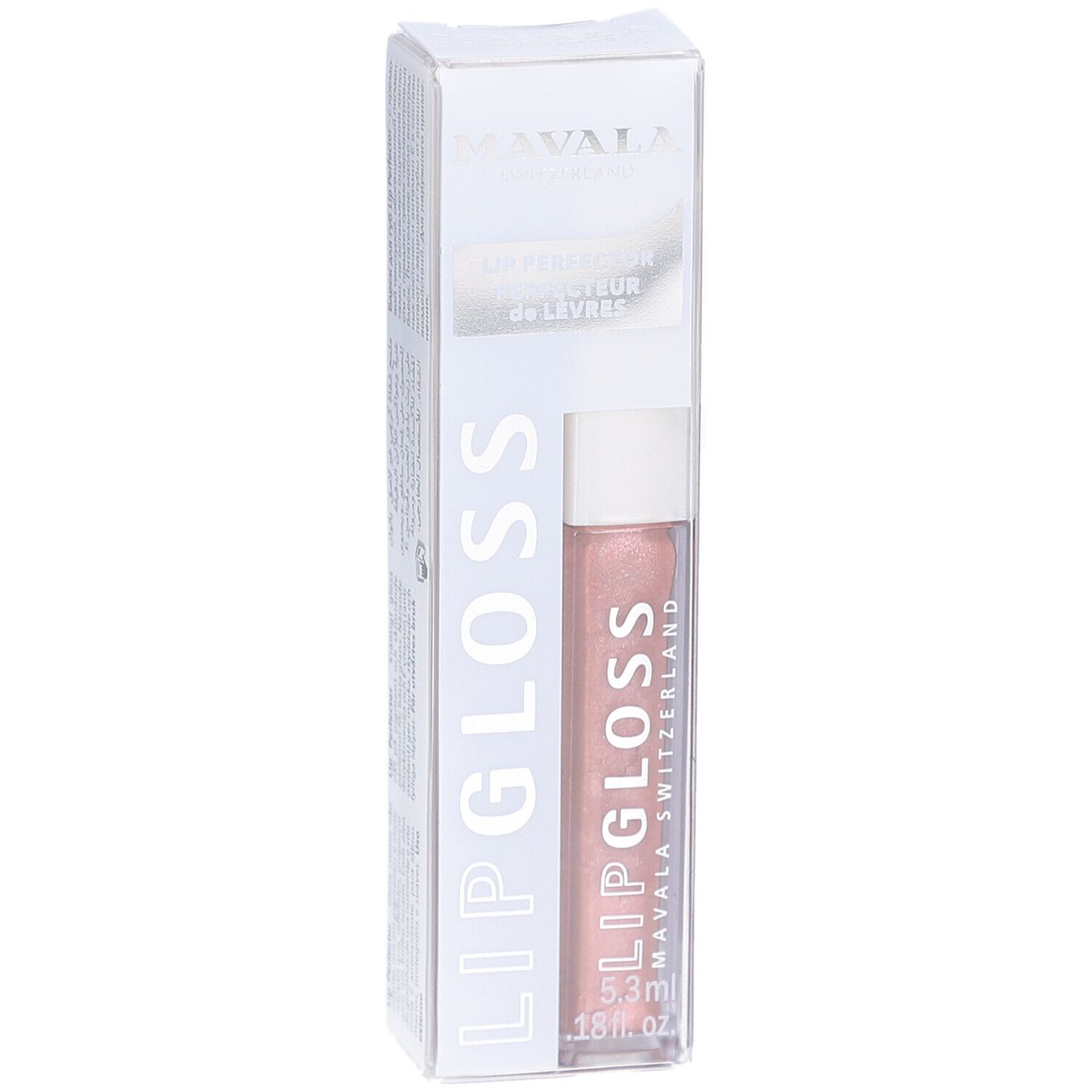 Lipgloss in transparenter Verpackung. Silberfarbener Deckel, rosafarbener Inhalt. Aufschrift: LIP GLOSS, MAVALA SWITZERLAND.