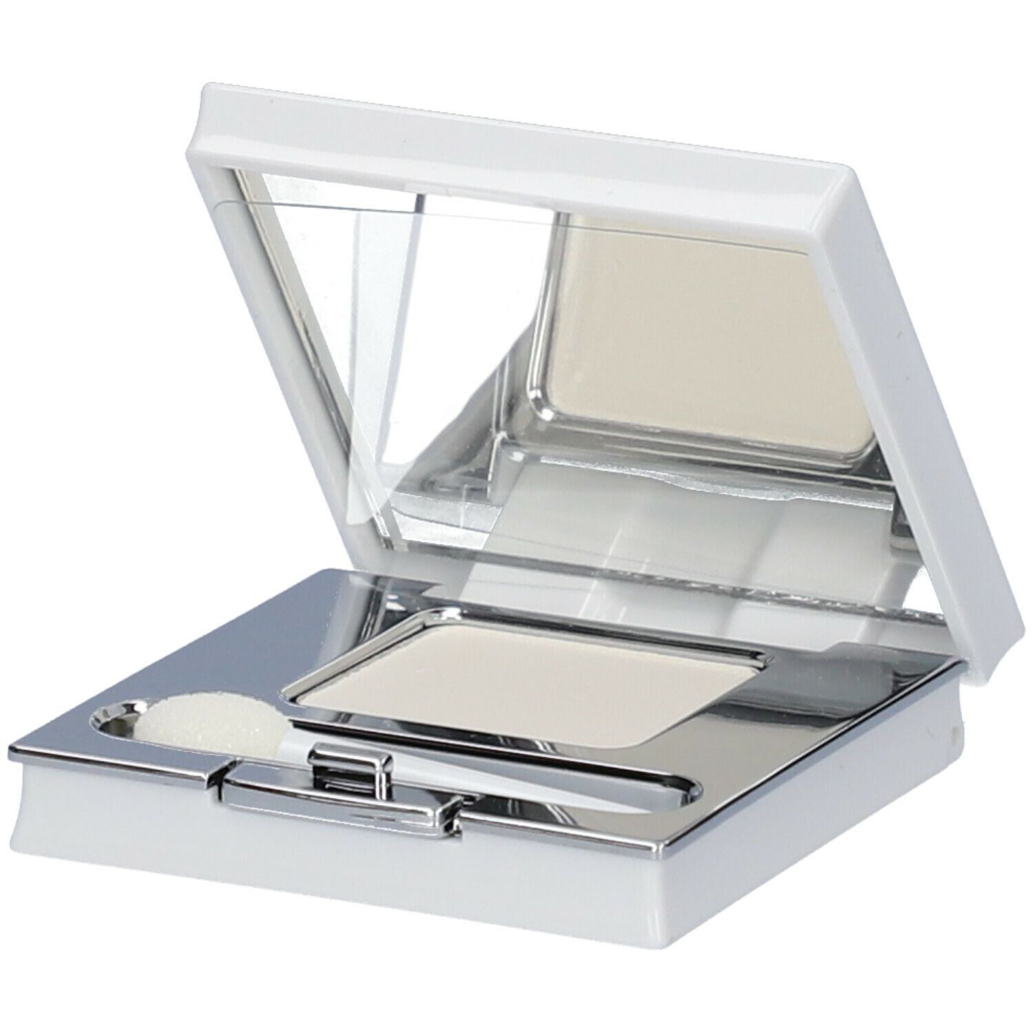 Fard à paupières blanc dans un boîtier compact blanc avec miroir et applicateur. Ouvert.