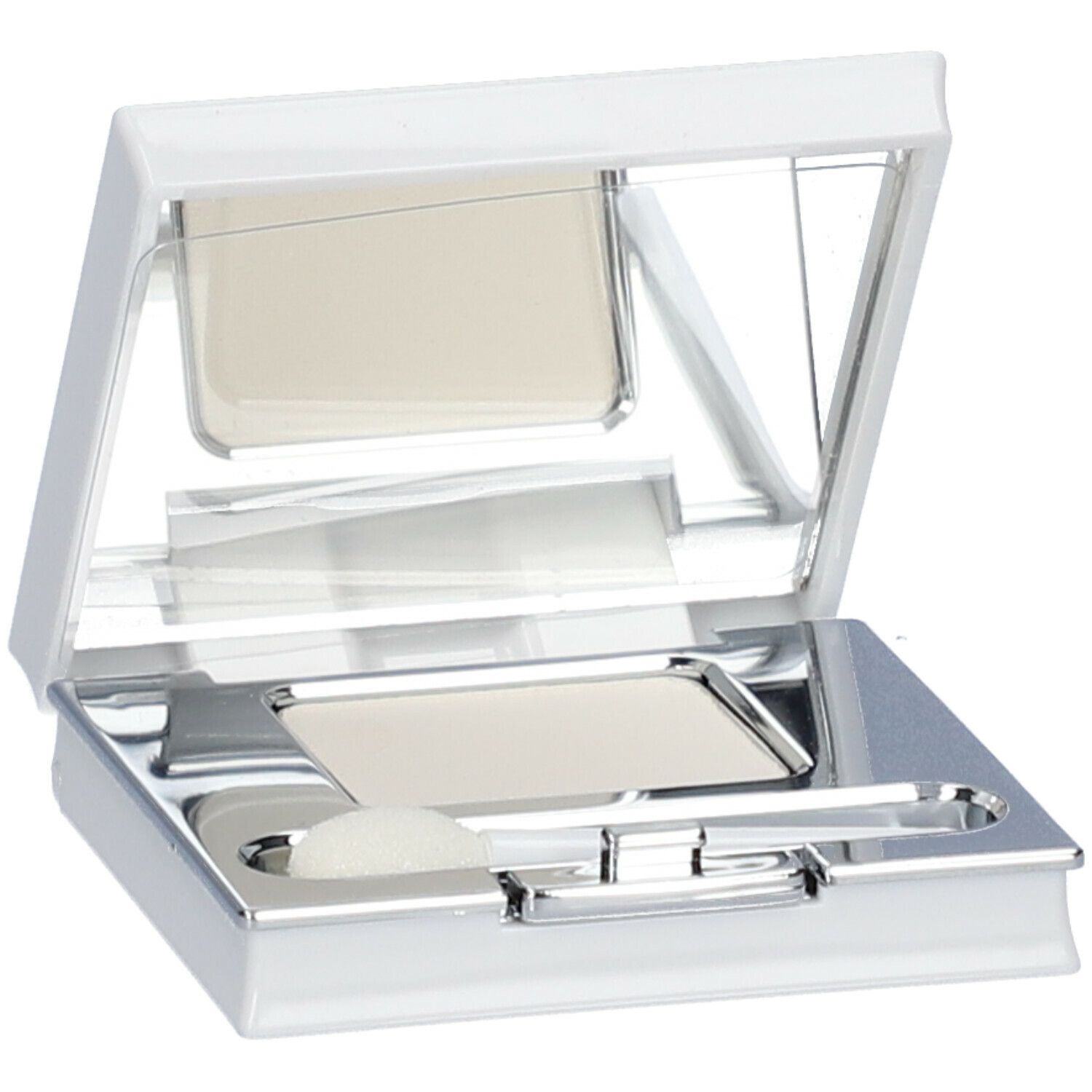 Fard à paupières blanc dans un boîtier compact blanc avec miroir et applicateur. Ouvert.