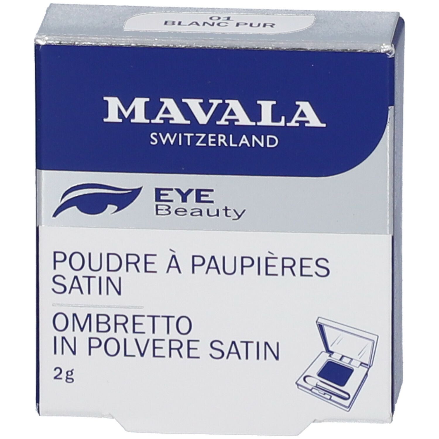 Emballage bleu avec texte blanc : MAVALA, POUDRE À PAUPIÈRES SATIN, Ombretto in polvere satin, 2g.