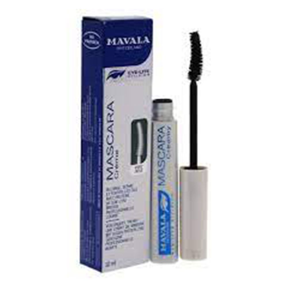 Mascara-Set mit Verpackung, Mascara-Tube und Bürste. Verpackung mit Logo und Produktbezeichnung. Bürste mit schwarzer Borste.
