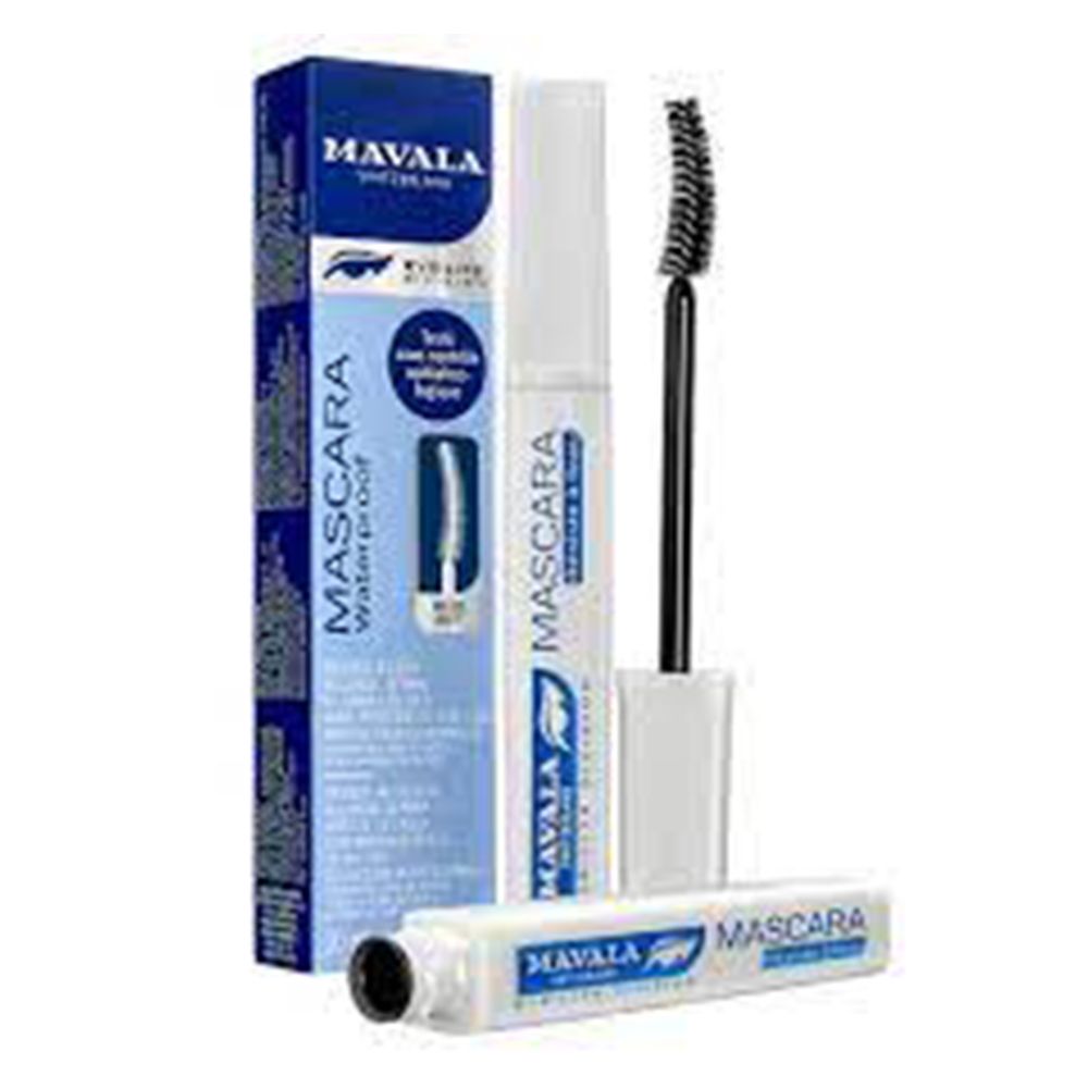 Mascara-Verpackung und -Produkt. Blaue Verpackung mit weißer Schrift. Mascara-Bürste sichtbar.